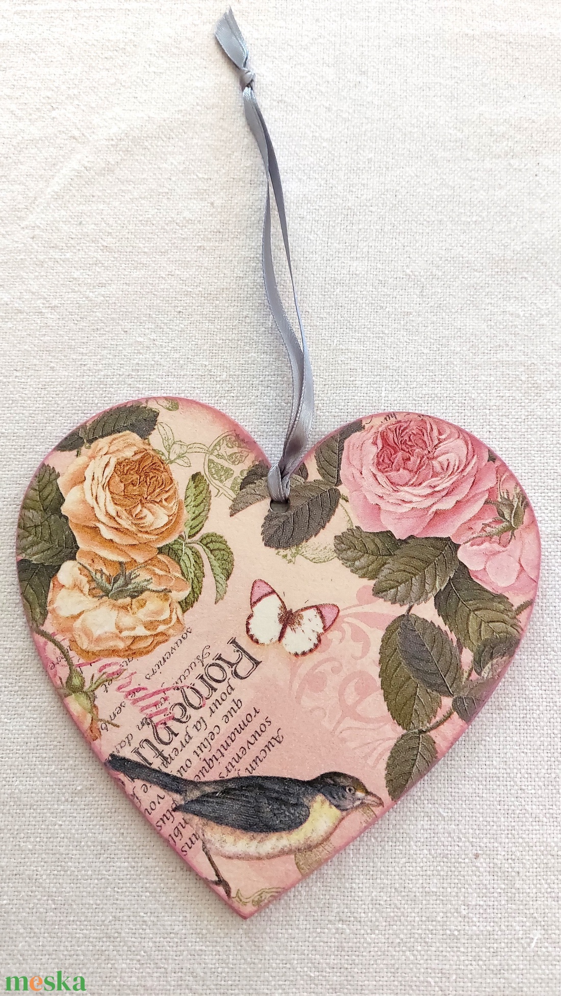 Romantikus rózsás-madaras szívek - otthon & életmód - dekoráció - fali és függő dekoráció - függődísz - Meska.hu
