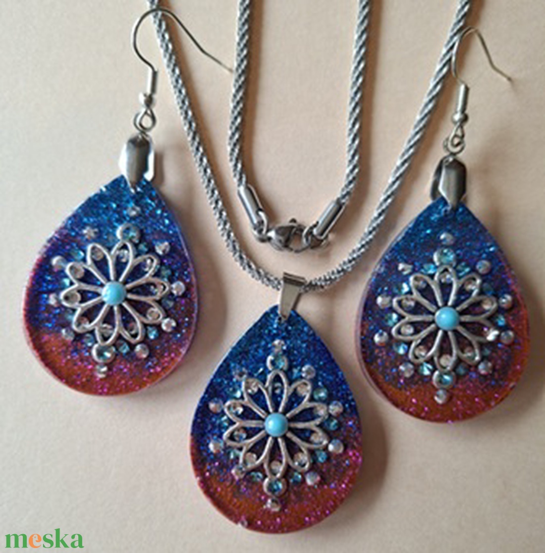 Bíbor kék ombre, virágos ékszerszett - ékszer - ékszerszett - Meska.hu