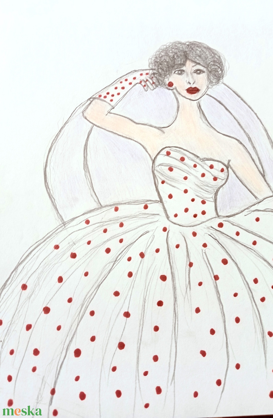 Hölgy piros pöttyös ruhába - művészet - grafika & illusztráció - ceruzarajz - Meska.hu
