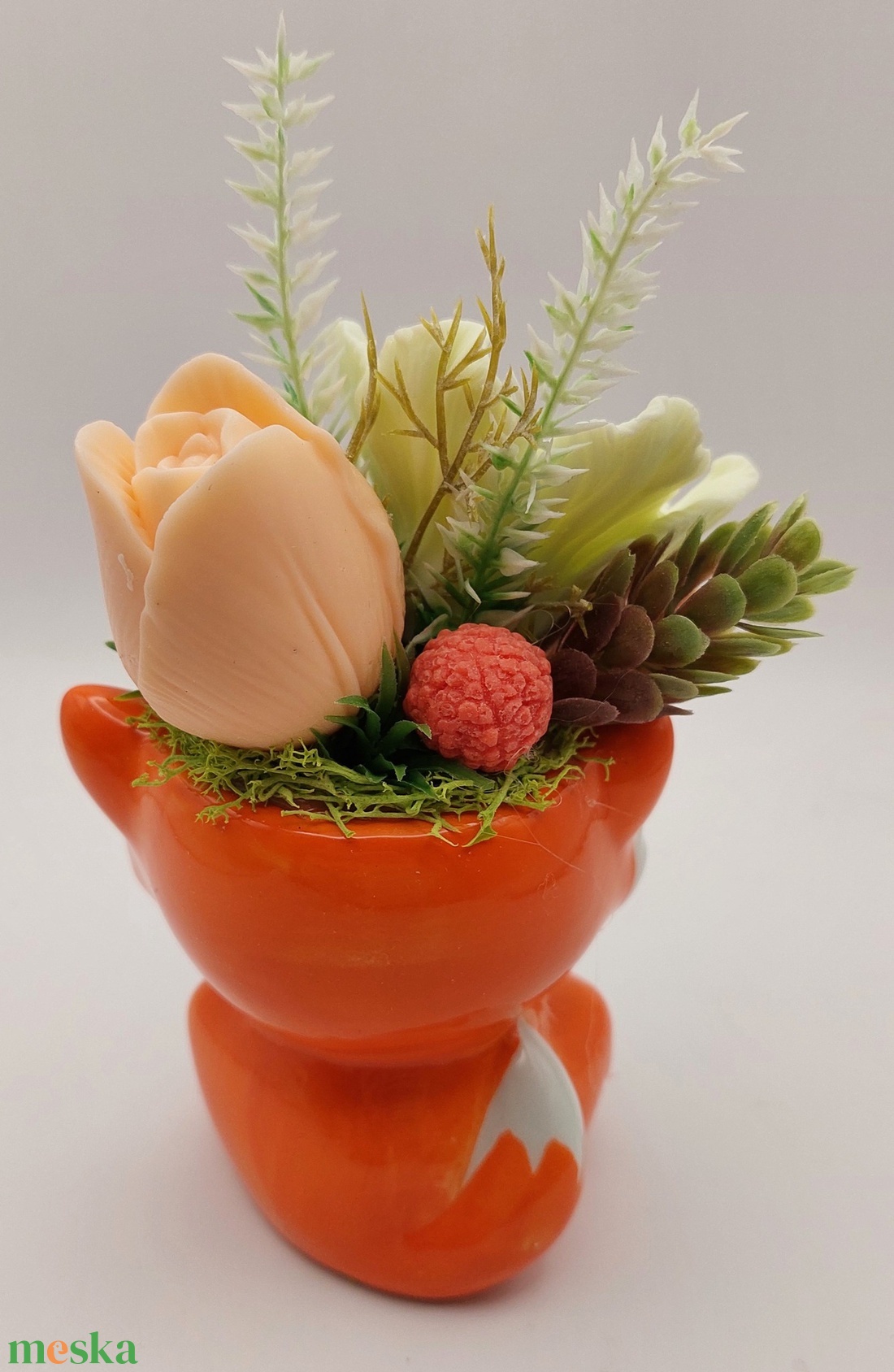 Róka formájú kaspó szappanvirágokkal - otthon & életmód - dekoráció - virágdísz és tartó - csokor & virágdísz - Meska.hu