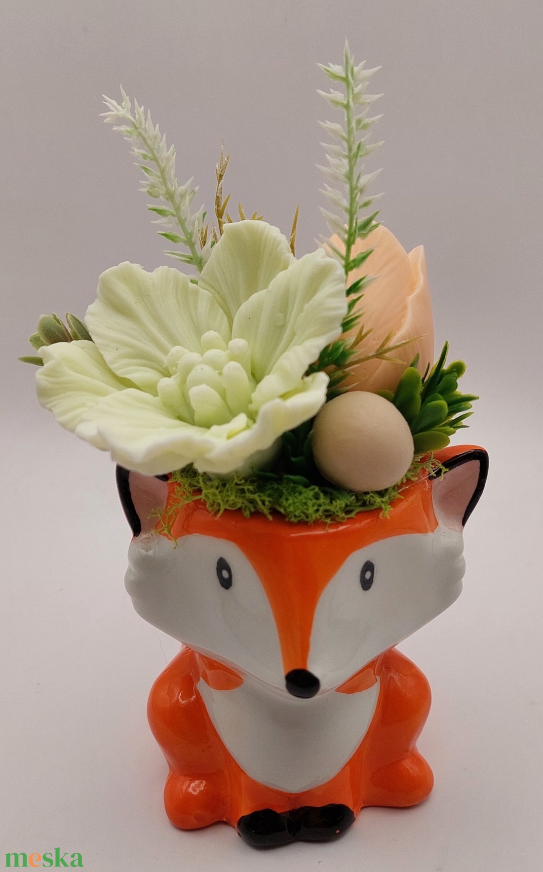 Róka formájú kaspó szappanvirágokkal - otthon & életmód - dekoráció - virágdísz és tartó - csokor & virágdísz - Meska.hu