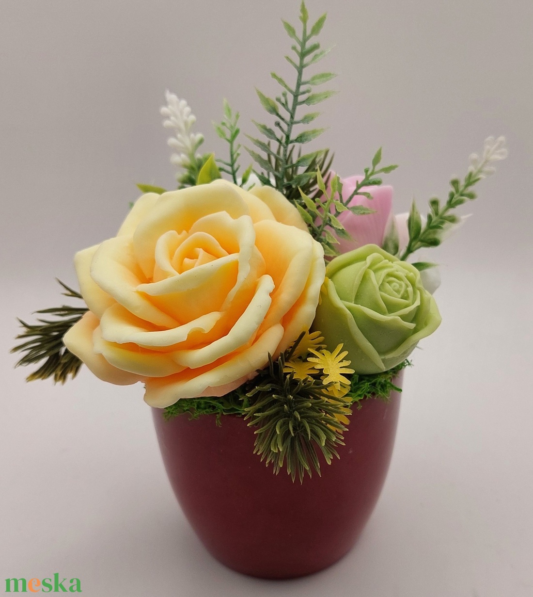 Szappanvirágok sötét magenta/rózsaszín kaspóban - otthon & életmód - dekoráció - virágdísz és tartó - csokor & virágdísz - Meska.hu