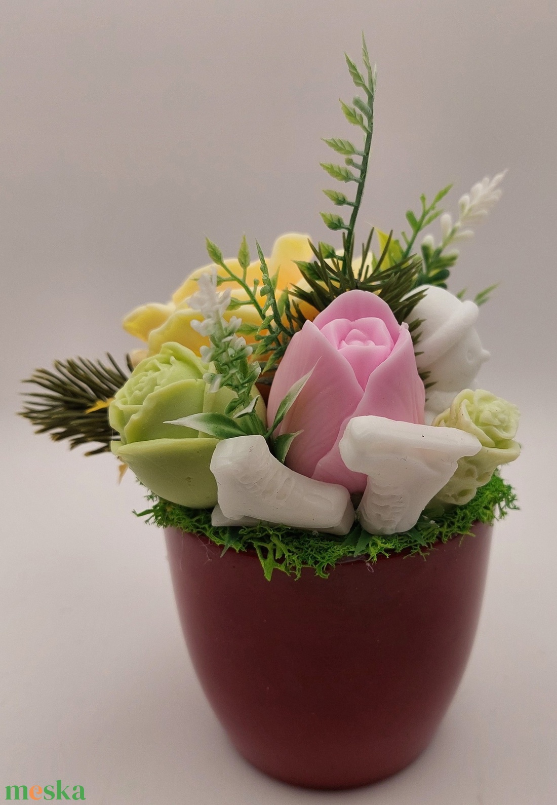 Szappanvirágok sötét magenta/rózsaszín kaspóban - otthon & életmód - dekoráció - virágdísz és tartó - csokor & virágdísz - Meska.hu