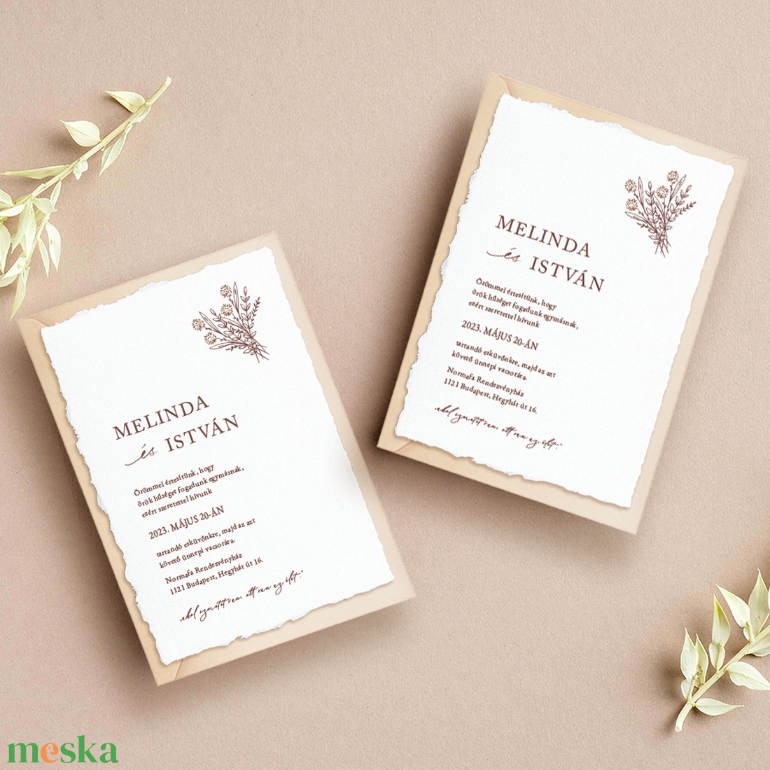 BOTANICAL Esküvői meghívó textúrált merített papíron borítékkal - A6 méret - esküvő - meghívó & kártya - meghívó - Meska.hu