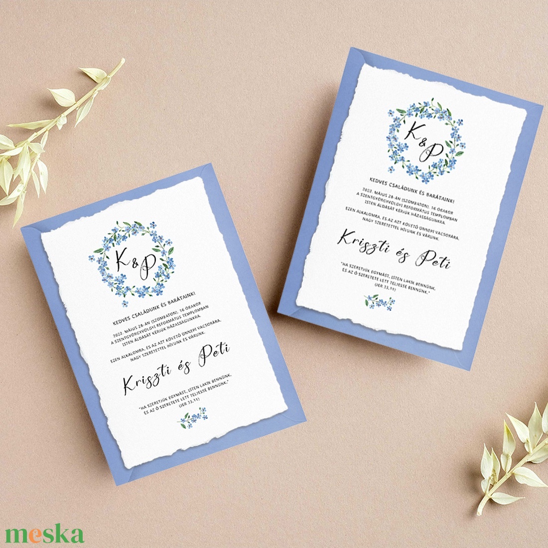 BLUE WREATH Esküvői meghívó textúrált merített papíron borítékkal - A6 méret - esküvő - meghívó & kártya - meghívó - Meska.hu