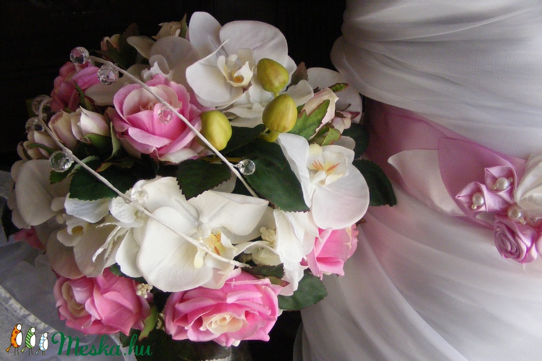 Rózsa-Orchidea kerek menyasszonyi csokor,tartós virágokból -  - Meska.hu