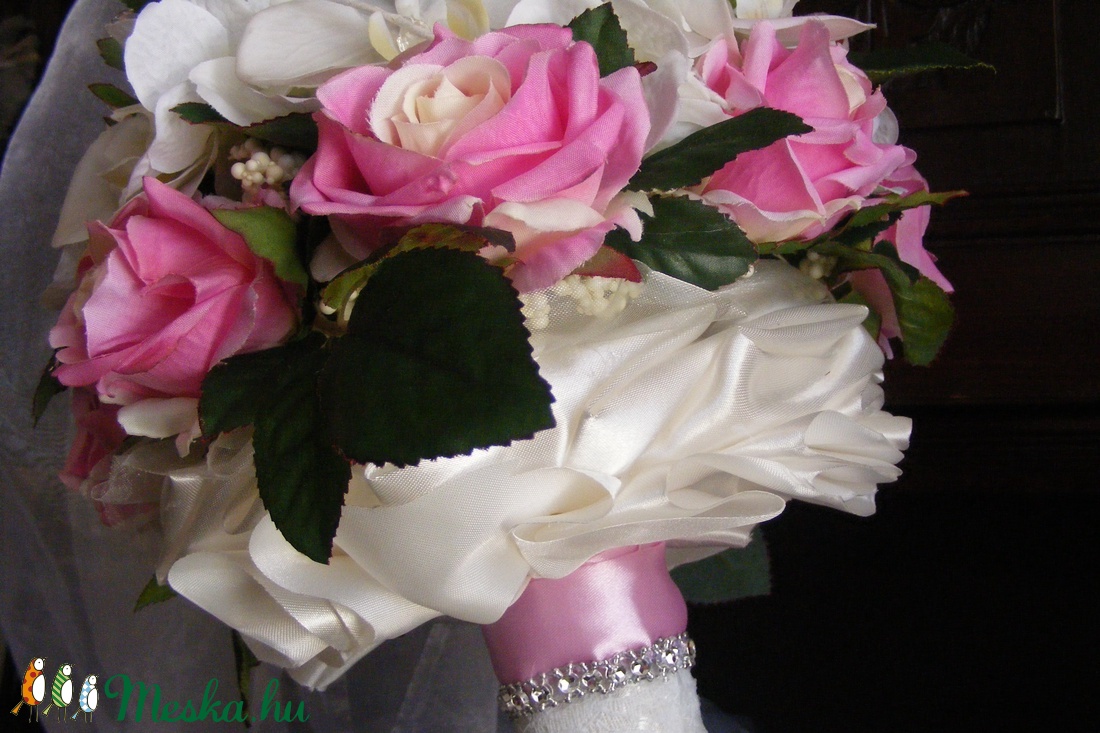 Rózsa-Orchidea kerek menyasszonyi csokor,tartós virágokból -  - Meska.hu