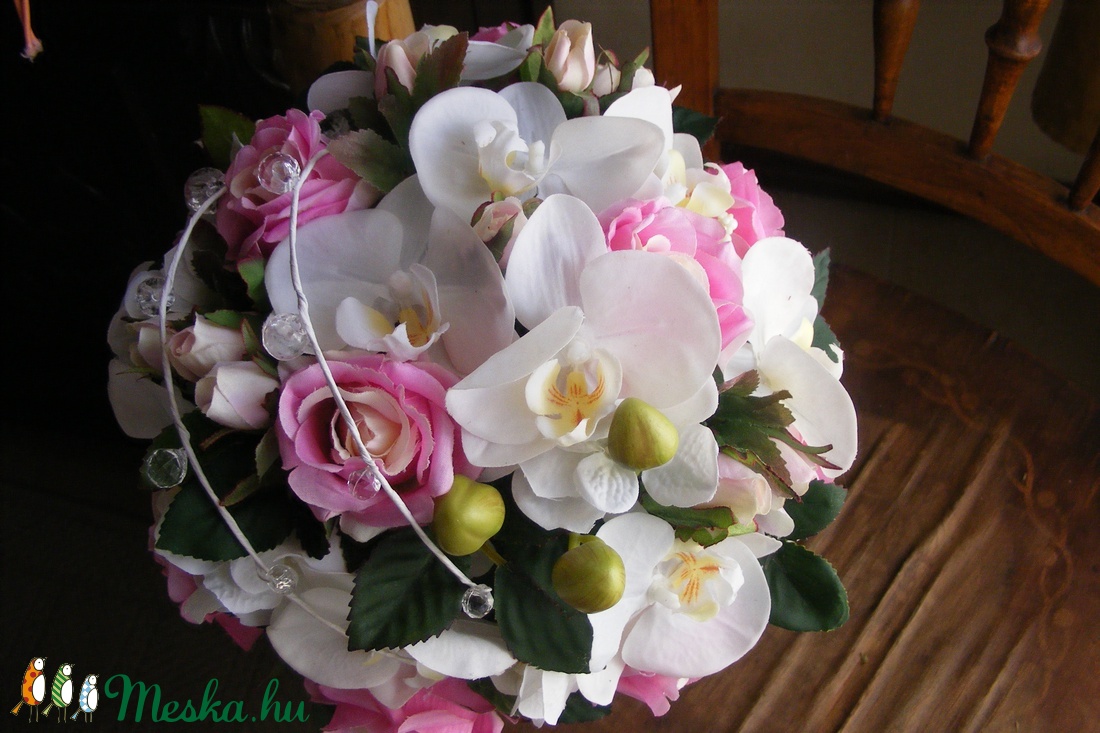 Rózsa-Orchidea kerek menyasszonyi csokor,tartós virágokból -  - Meska.hu