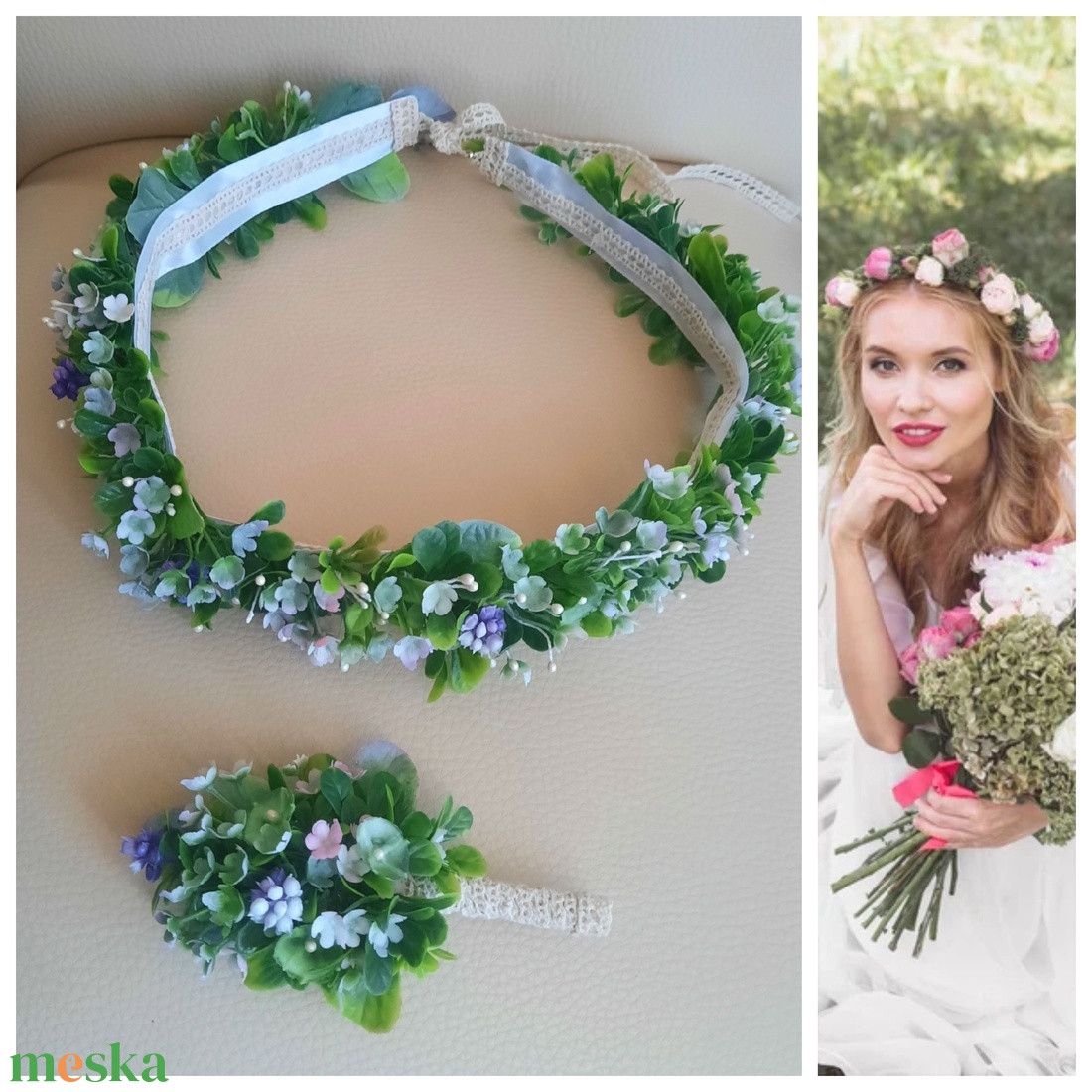 Ezervirág greenery stílusú hajdísz kitűzővel - esküvő - hajdísz - fejkoszorú - Meska.hu