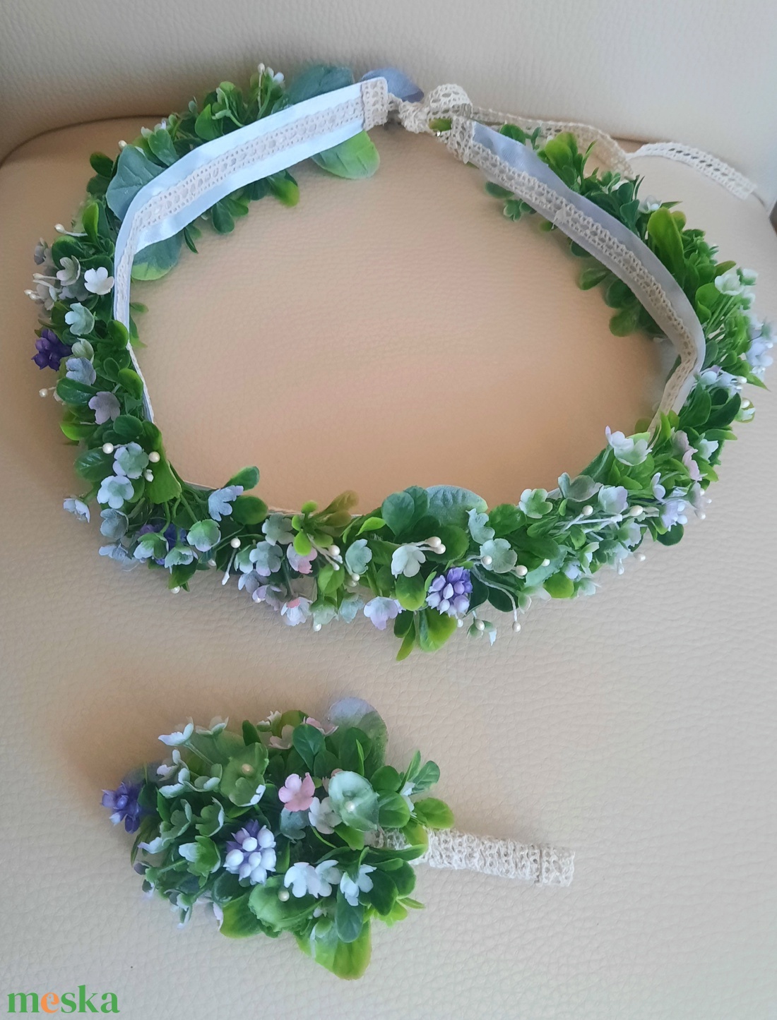 Ezervirág greenery stílusú hajdísz kitűzővel - esküvő - hajdísz - fejkoszorú - Meska.hu