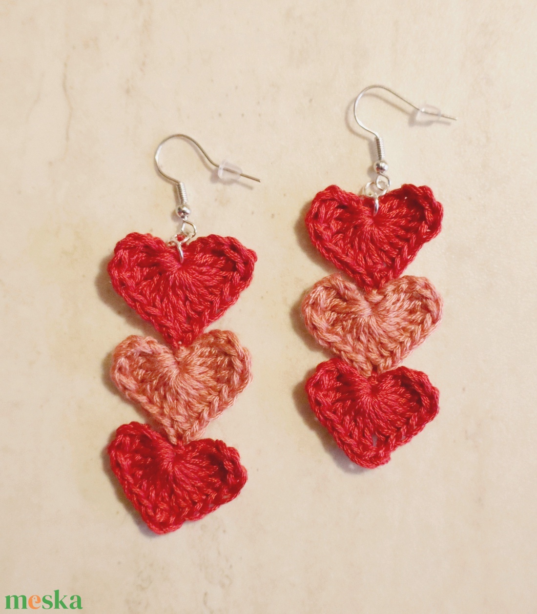 Horgolt szívecskés fülbevaló - ékszer - fülbevaló - fülékszer - Meska.hu