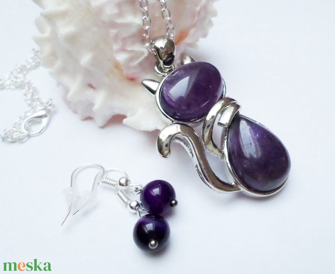 Sötétlila amethyst cica szett - ékszer - ékszerszett - Meska.hu