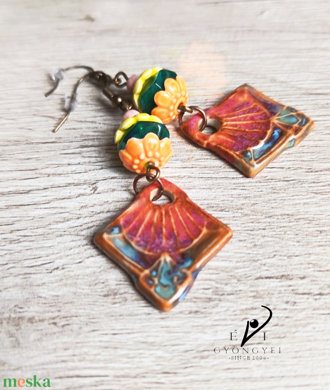 Keleti rombuszok porcelán fülbevaló  - ékszer - fülbevaló - lógó fülbevaló - Meska.hu