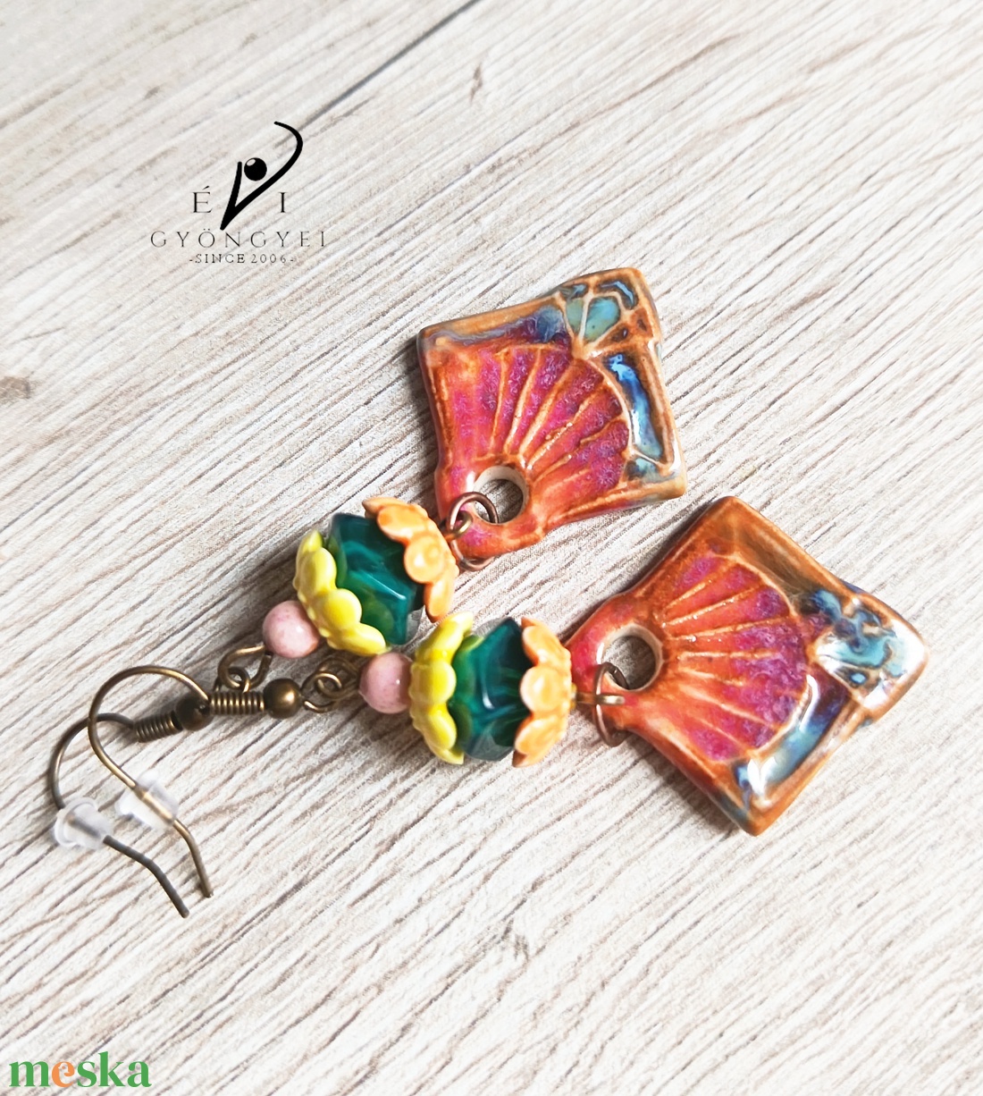 Keleti rombuszok porcelán fülbevaló  - ékszer - fülbevaló - lógó fülbevaló - Meska.hu