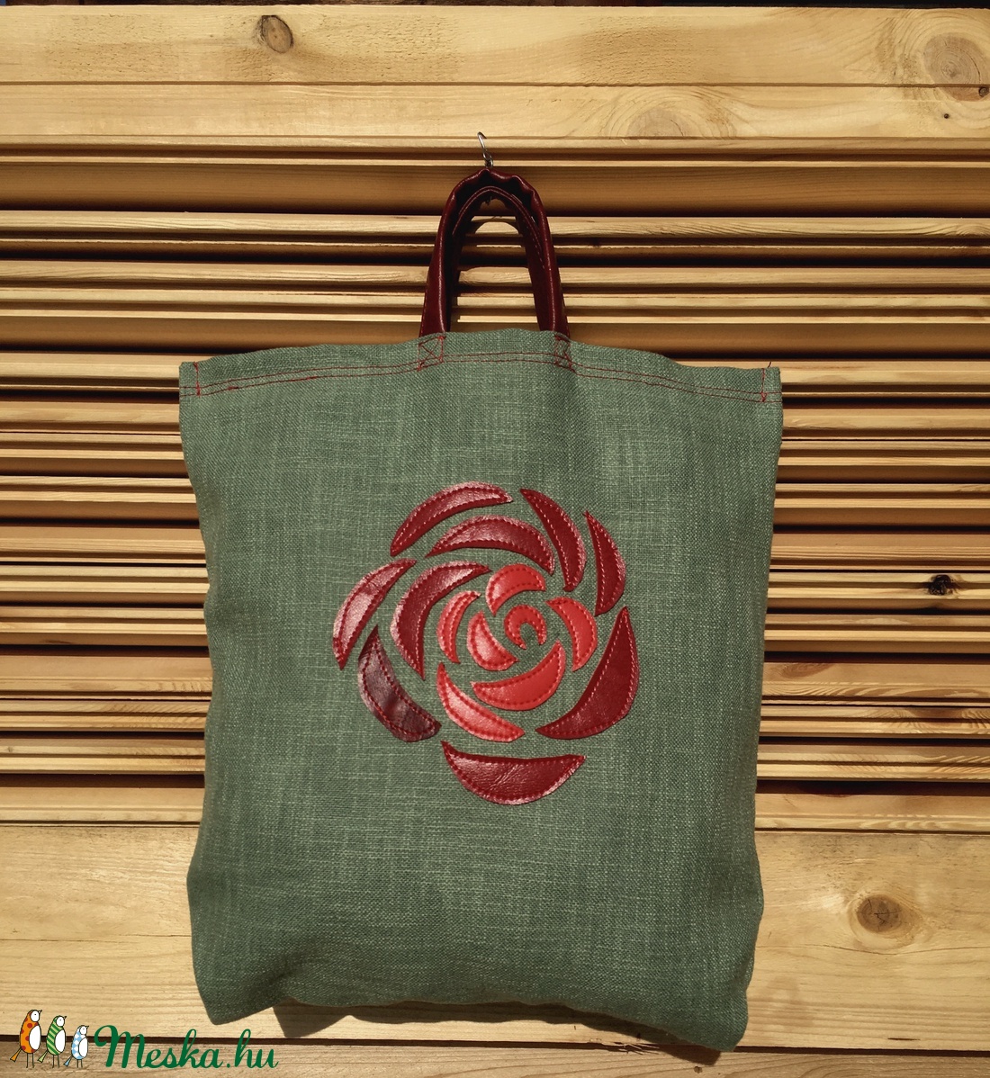 Vászon táska műbőrből készült rózsa motívummal - táska & tok - bevásárlás & shopper táska - shopper, textiltáska, szatyor - Meska.hu