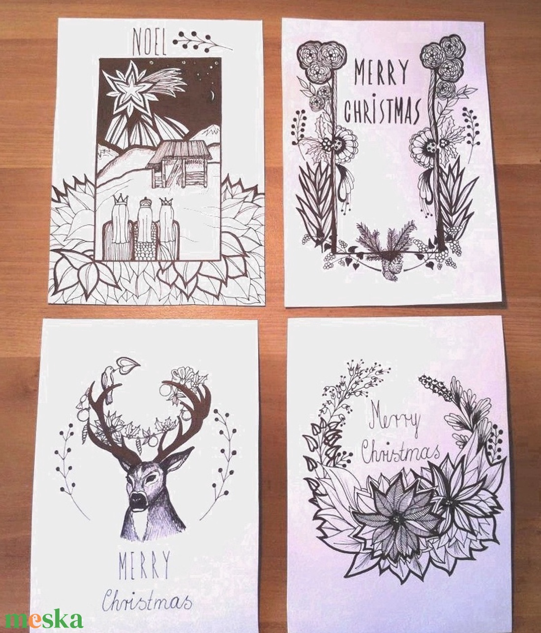 Modern fekete-fehér grafikás karácsonyi képeslap szett, kinyitható üdvözlőlap, szarvas, virág, Betlehem - karácsony - karácsonyi ajándékozás - karácsonyi képeslap, üdvözlőlap, ajándékkísérő - Meska.hu