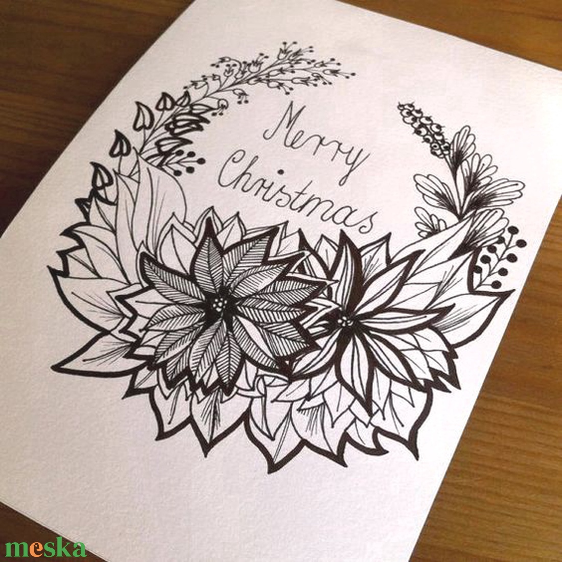 Modern fekete-fehér grafikás karácsonyi képeslap szett, kinyitható üdvözlőlap, szarvas, virág, Betlehem - karácsony - karácsonyi ajándékozás - karácsonyi képeslap, üdvözlőlap, ajándékkísérő - Meska.hu