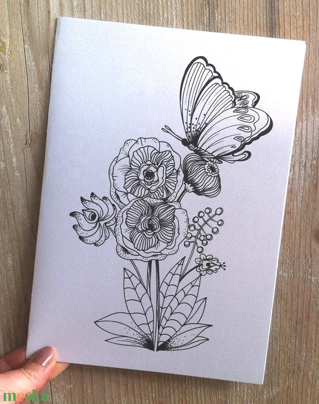 Modern virágos-pillangós mintás képeslap, egyedi magyaros  grafikával, képeslap ajándékba, kifestő lap, Virágos képeslap - otthon & lakás - papír írószer - ajándékkísérő - Meska.hu