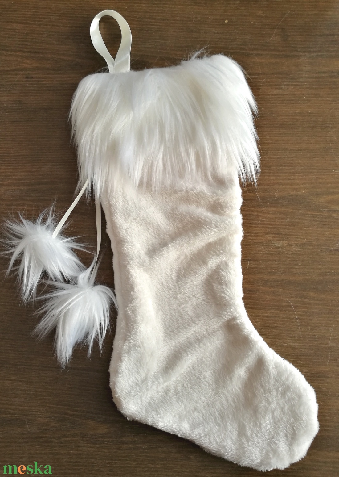 Mikulás zokni natúr fehér krém színű plüss, Mikulászsák elegáns hosszú műszőrmével, Mikulás csizma - karácsony - mikulás - mikulás ajándékok - Meska.hu