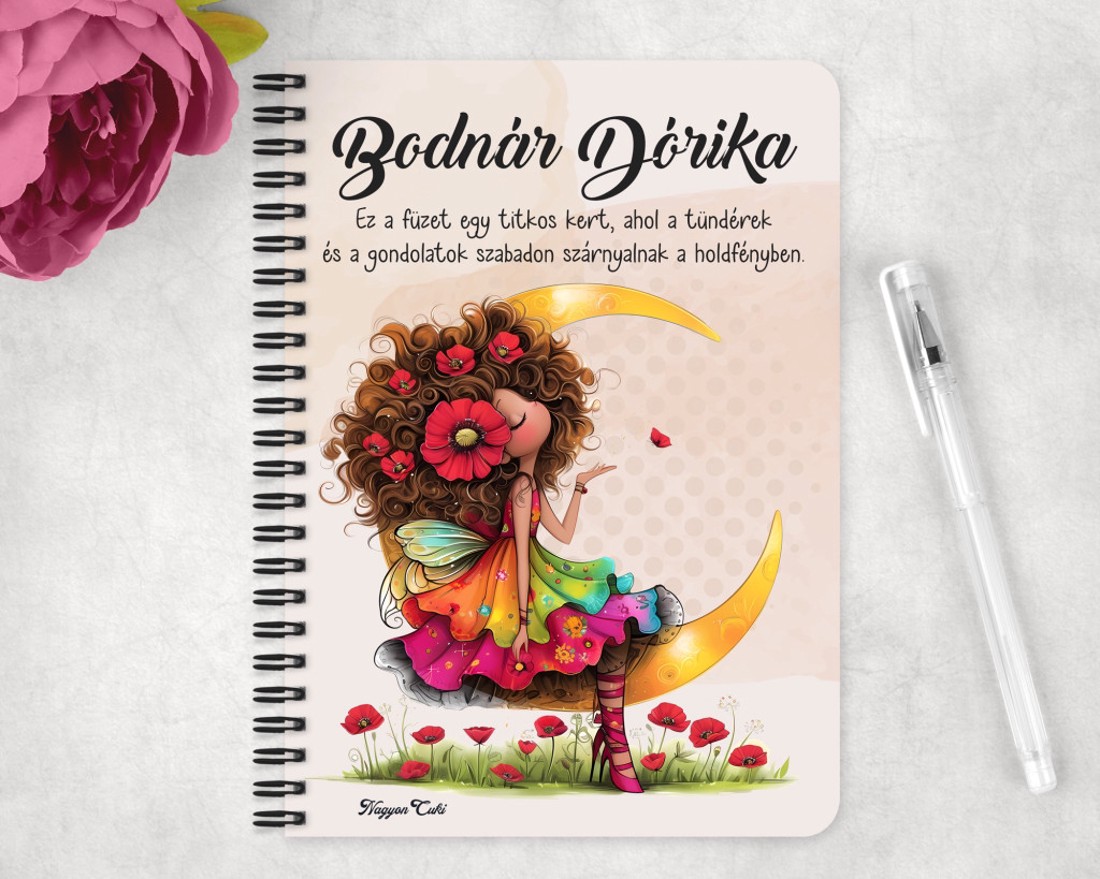 Személyre szabható - Huncut pipacs tündérlány és a hold mintás A6-os füzet - otthon & életmód - papír, írószer - jegyzetfüzet & napló - Meska.hu