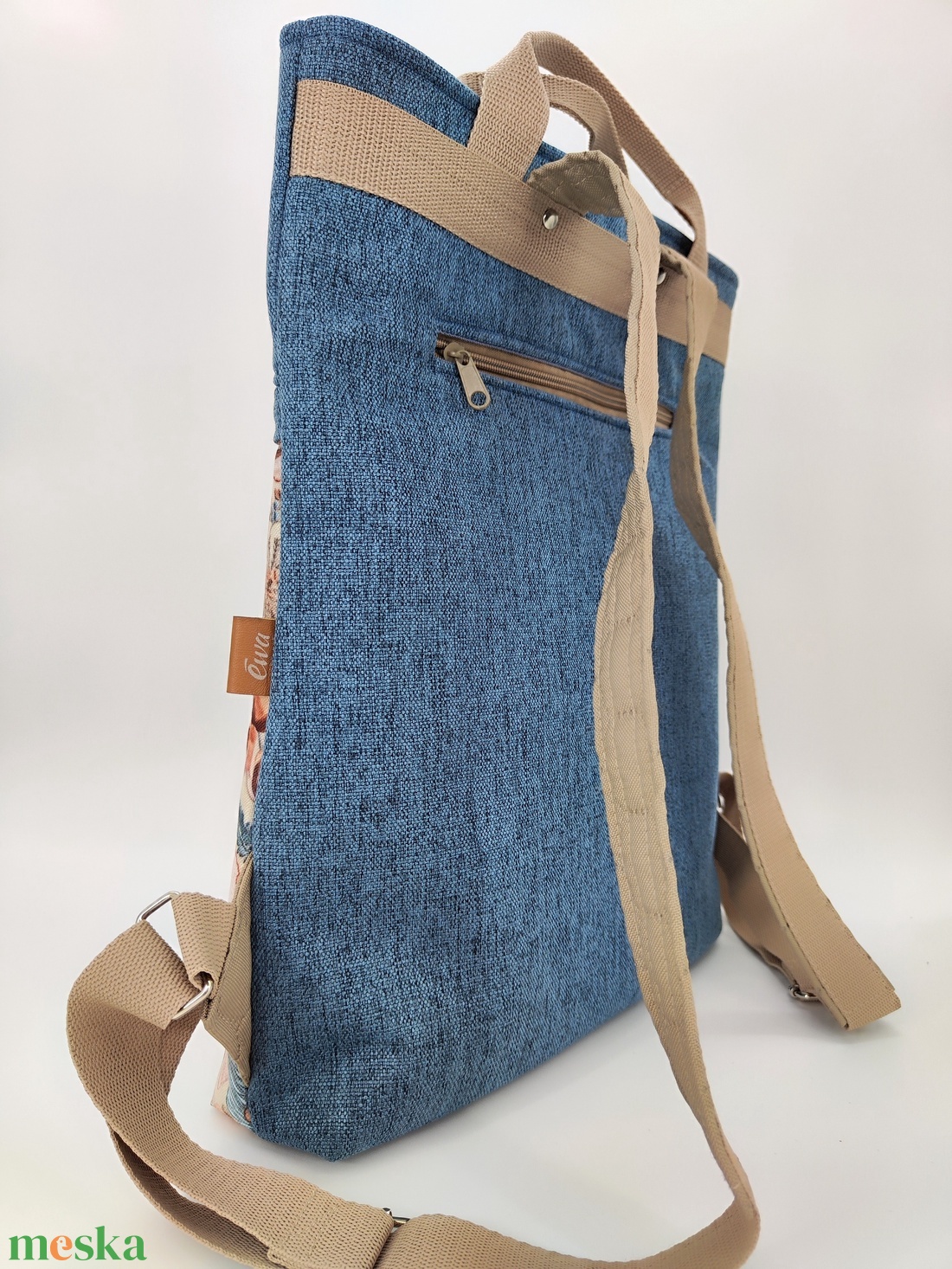 Ivett hátizsák és kézitásak, kék-barna virágos - táska & tok - hátizsák - hátizsák - Meska.hu