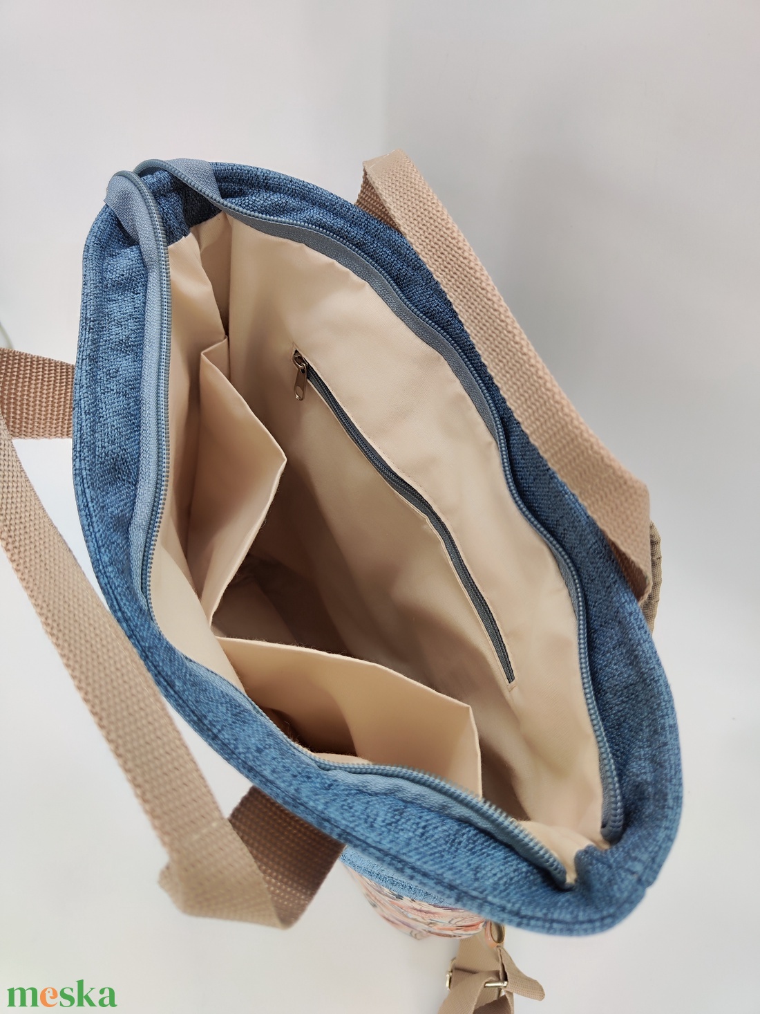 Ivett hátizsák és kézitásak, kék-barna virágos - táska & tok - hátizsák - hátizsák - Meska.hu