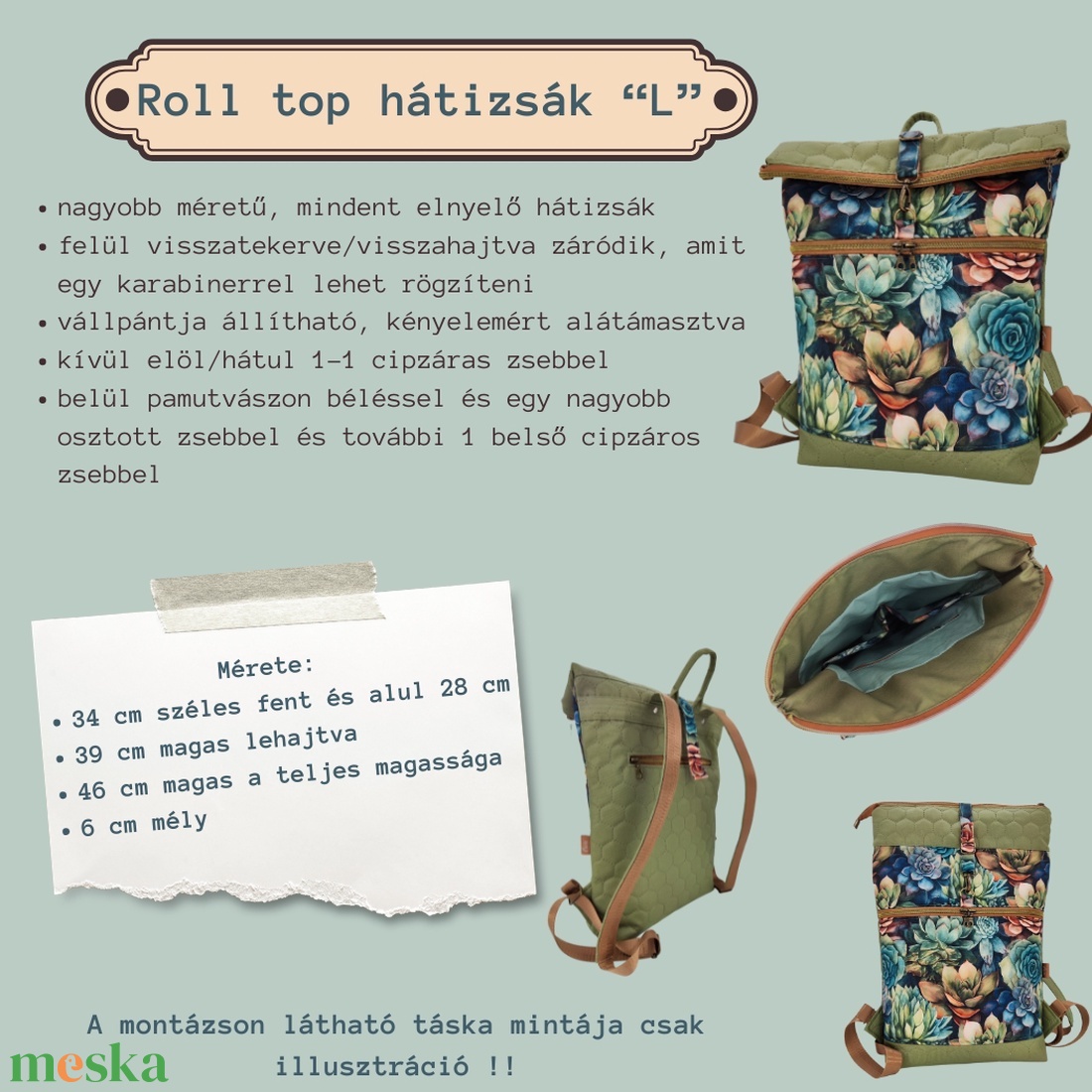 Roll top hátizsák L méret, fekete rózsaszín geometriai minta - táska & tok - hátizsák - roll top hátizsák - Meska.hu