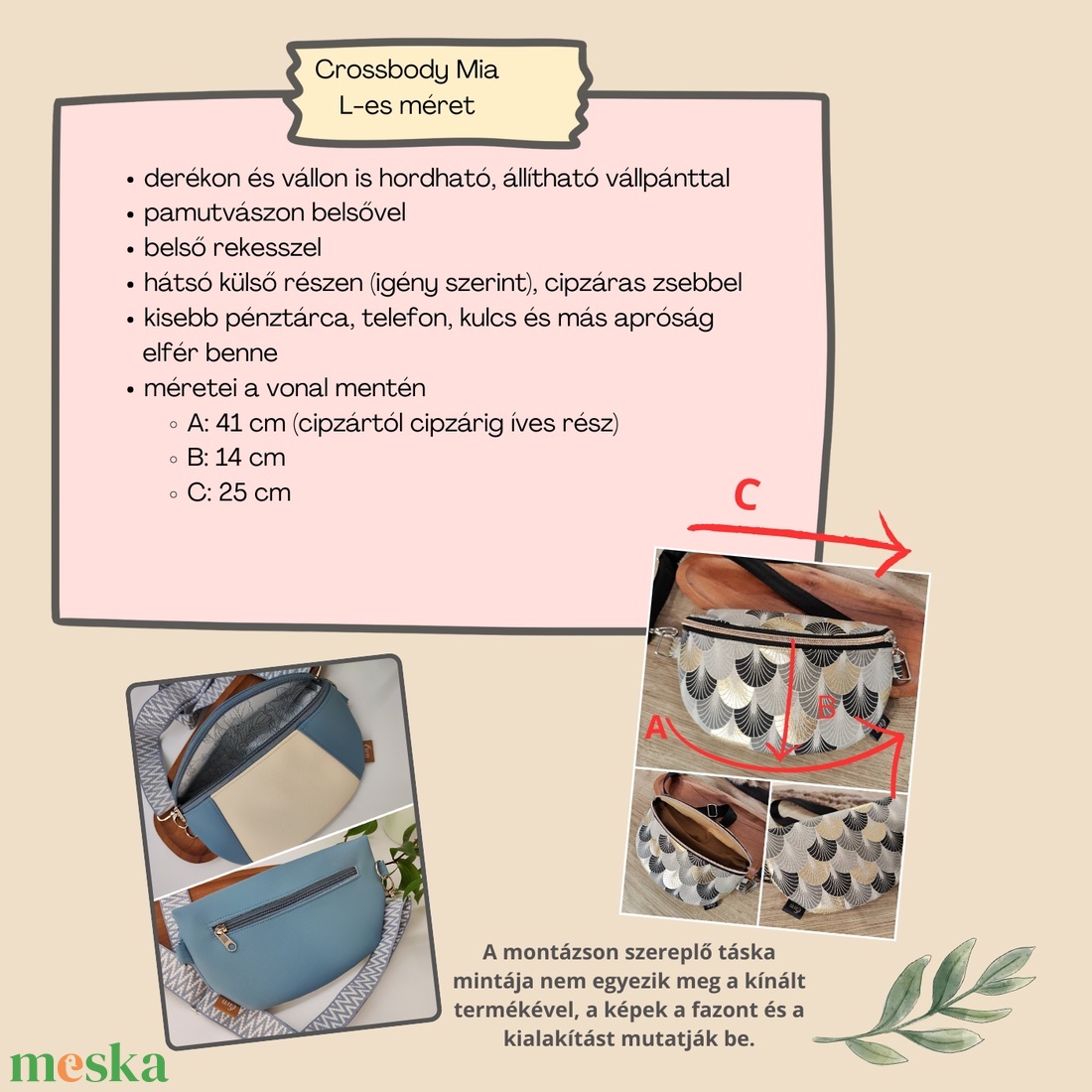 Mia crossbody,  ekrü textilbőr kék virágok övtáska - táska & tok - övtáska - Meska.hu