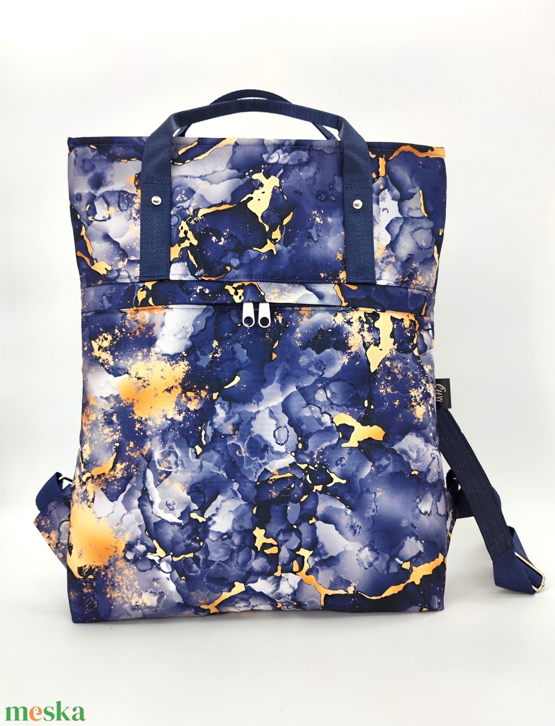 Ivett hátizsák és kézitáska, kék-arany márványminta - táska & tok - hátizsák - hátizsák - Meska.hu