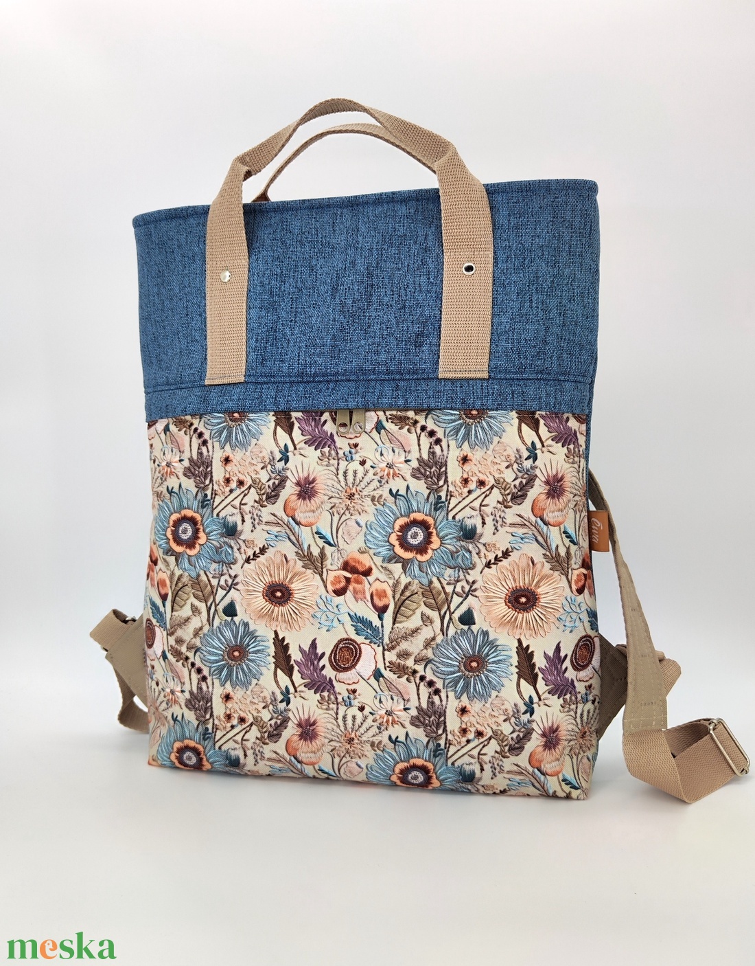 Ivett hátizsák és kézitásak, kék-barna virágos - táska & tok - hátizsák - hátizsák - Meska.hu