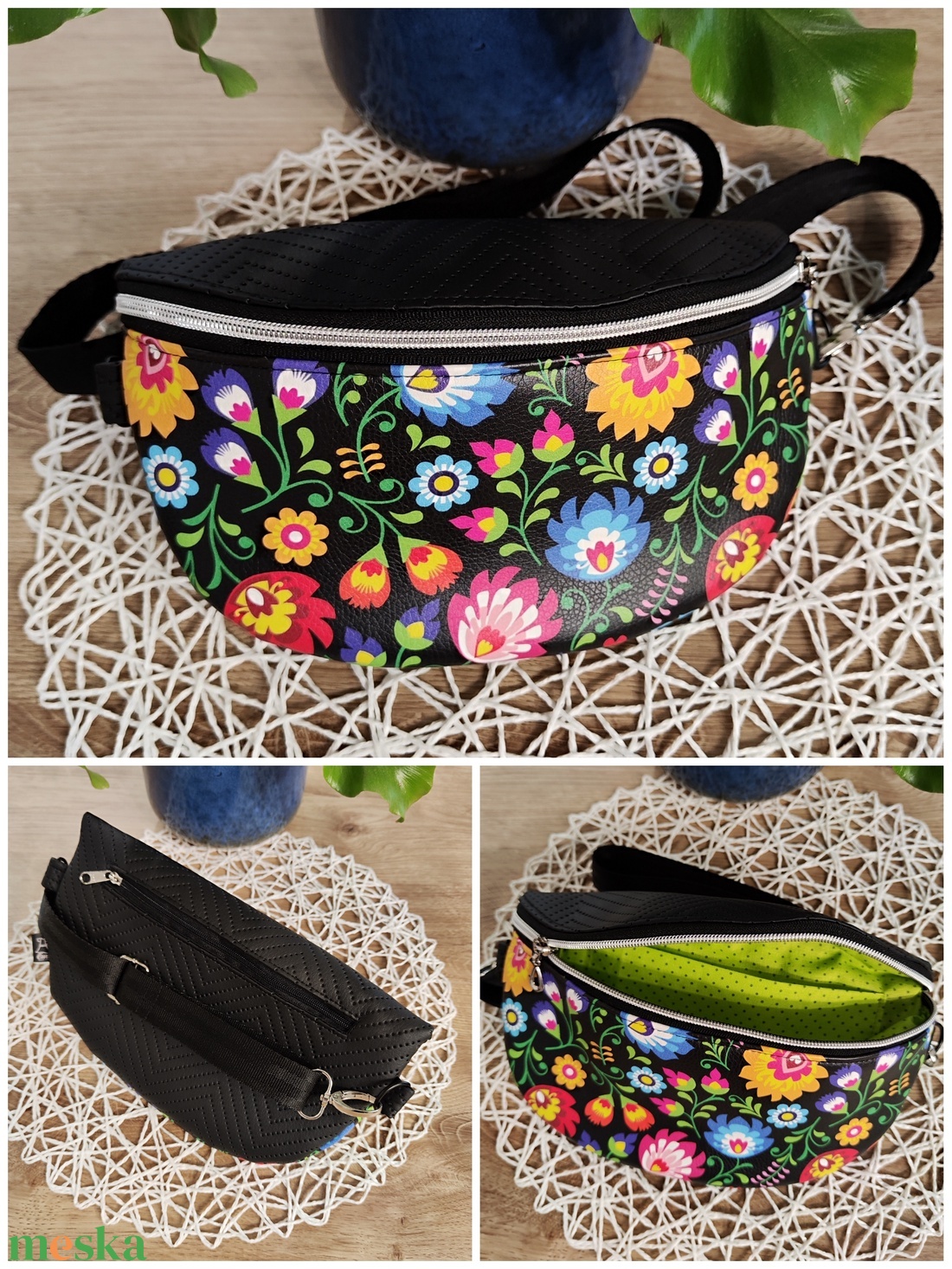 Mia crossbody, fekete népi virágos motívum övtáska - táska & tok - övtáska - Meska.hu
