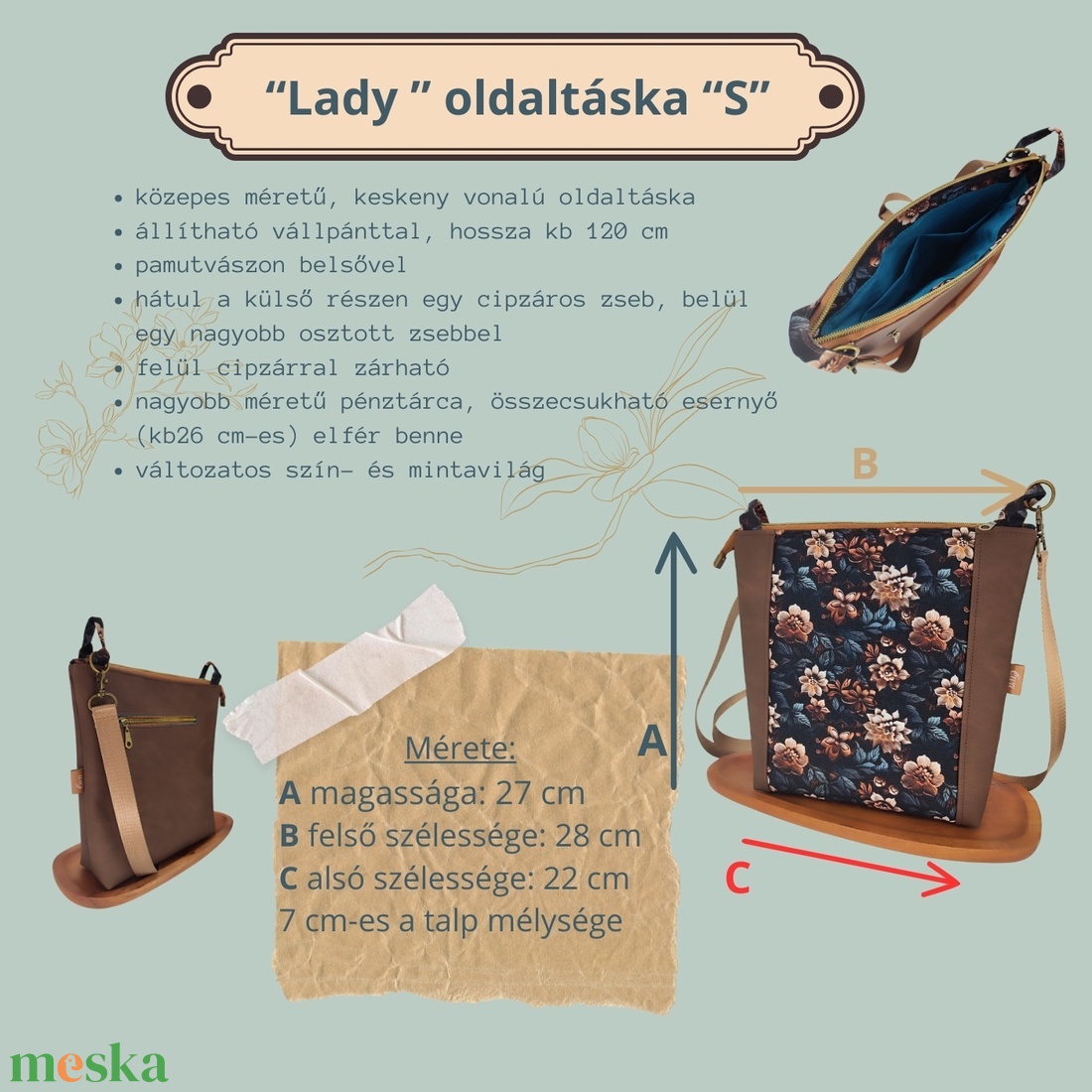 Lady oldaltáska S, virágos ezüst textilbőrrel - táska & tok - kézitáska & válltáska - válltáska - Meska.hu