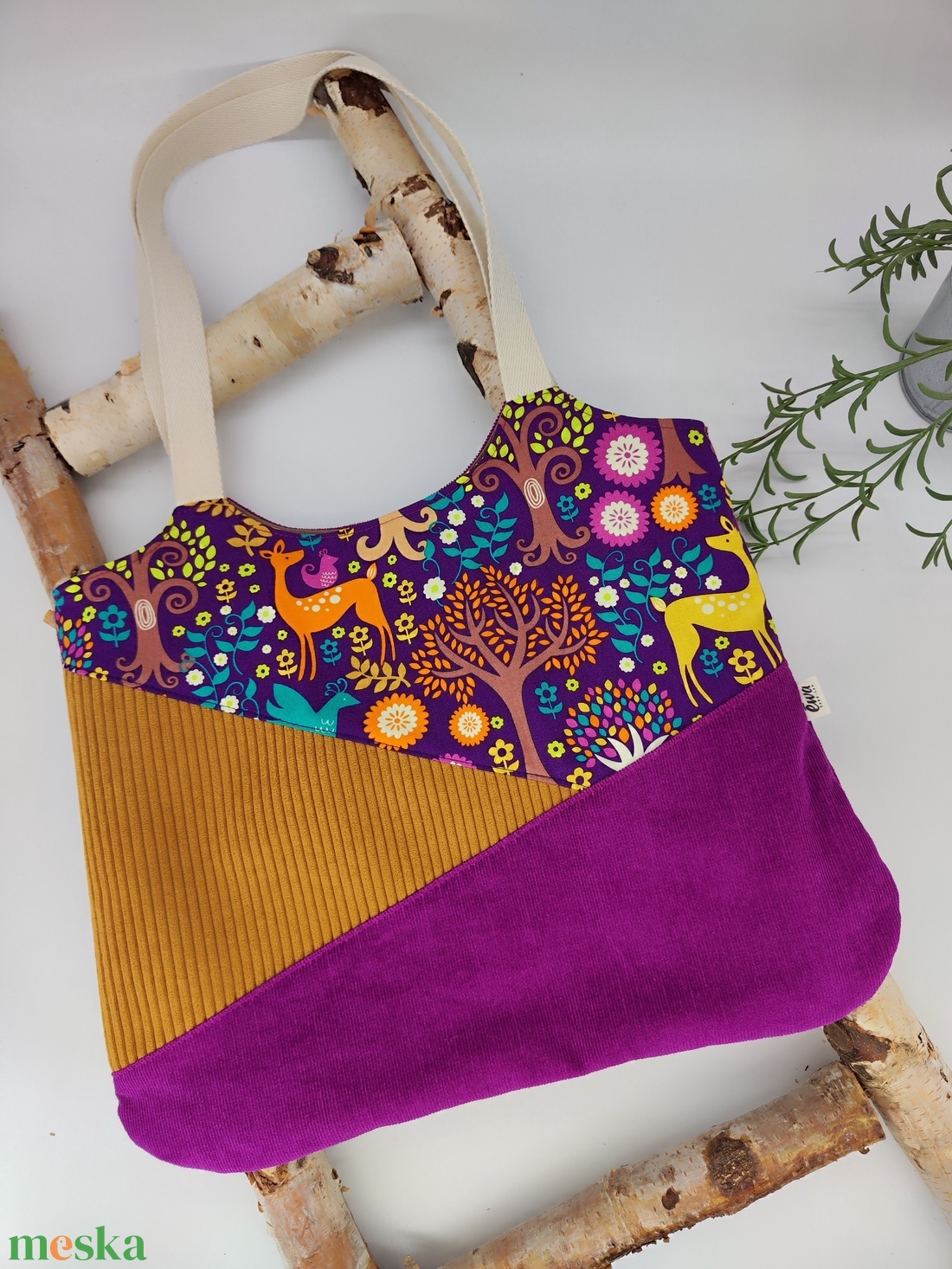 Dóra vászontáska lila mustár kord szarvasok / textilszatyor - táska & tok - bevásárlás & shopper táska - shopper, textiltáska, szatyor - Meska.hu