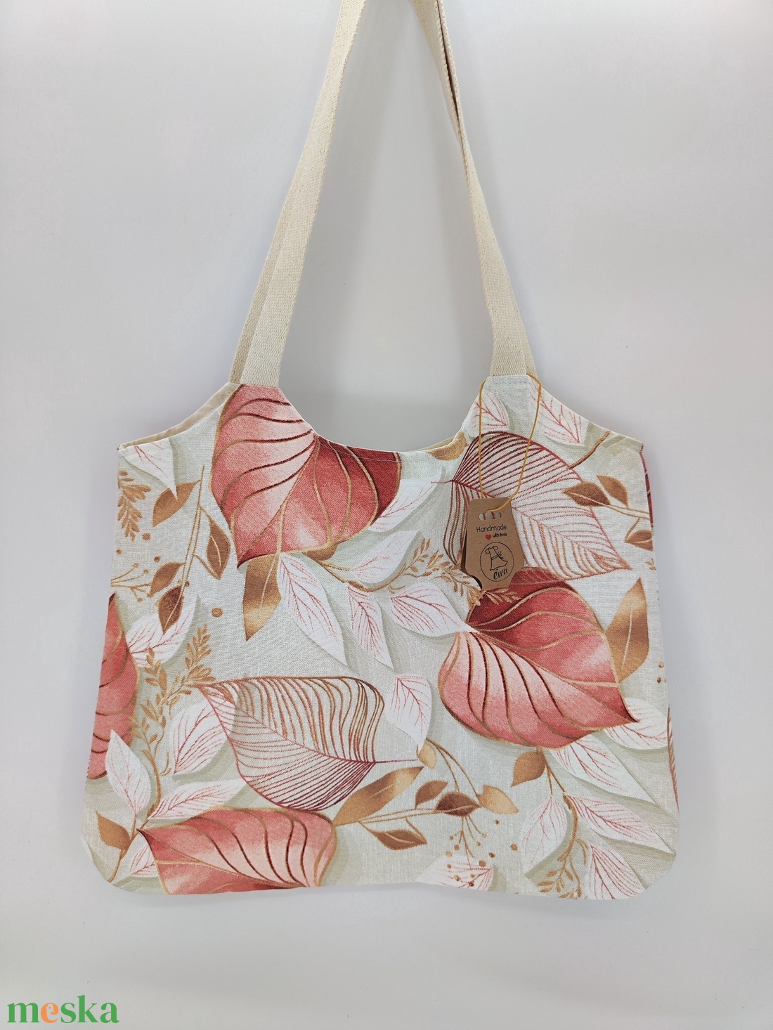 Dóra vászontáska rózsaszín, lazac, barna levelek / textilszatyor - táska & tok - bevásárlás & shopper táska - shopper, textiltáska, szatyor - Meska.hu