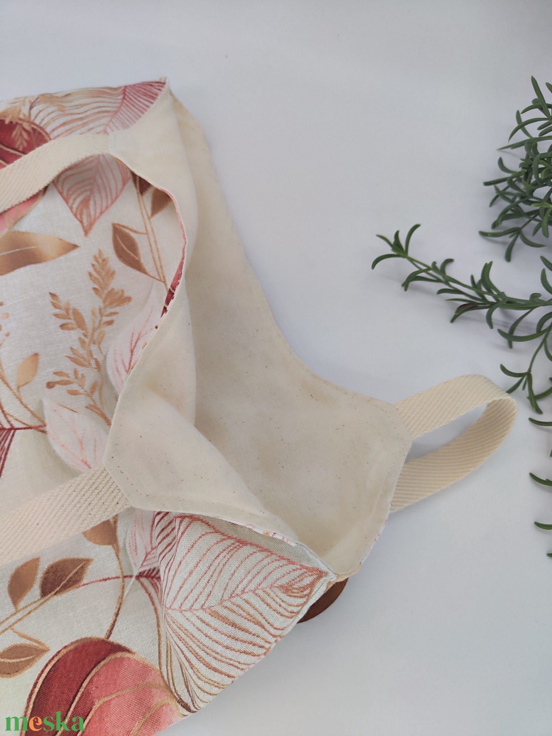 Dóra vászontáska rózsaszín, lazac, barna levelek / textilszatyor - táska & tok - bevásárlás & shopper táska - shopper, textiltáska, szatyor - Meska.hu