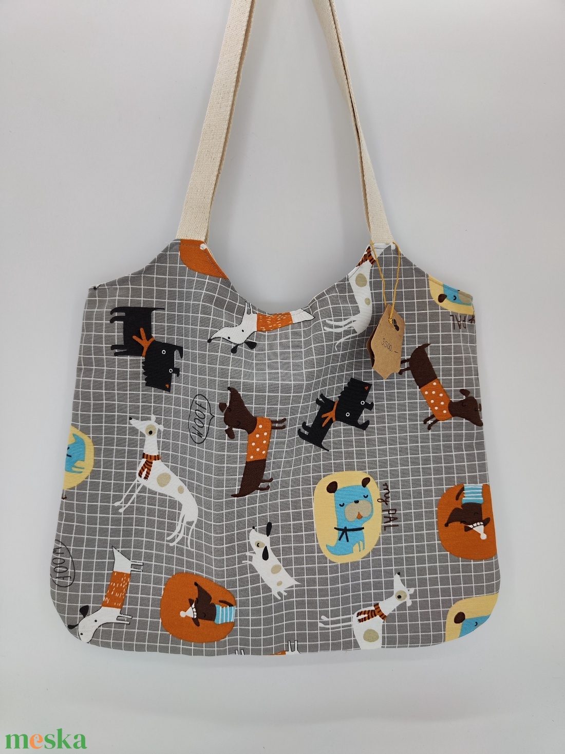 Dóra vászontáska sok kutyás, szürke / textilszatyor - táska & tok - bevásárlás & shopper táska - shopper, textiltáska, szatyor - Meska.hu
