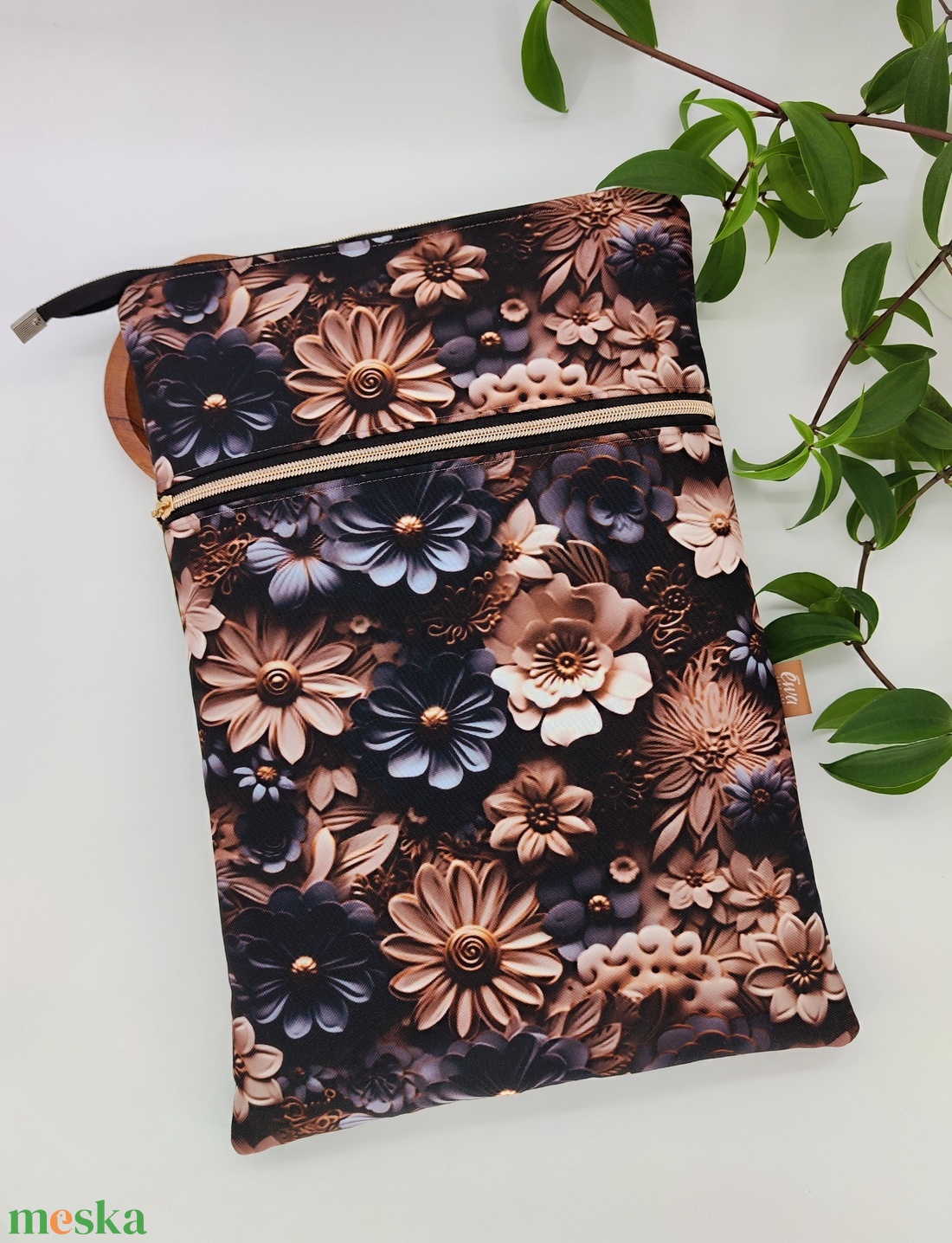 Cipzáros tároló - Laptoptartó, barna, szürke virágos - táska & tok - kézitáska & válltáska - belső rendező - Meska.hu