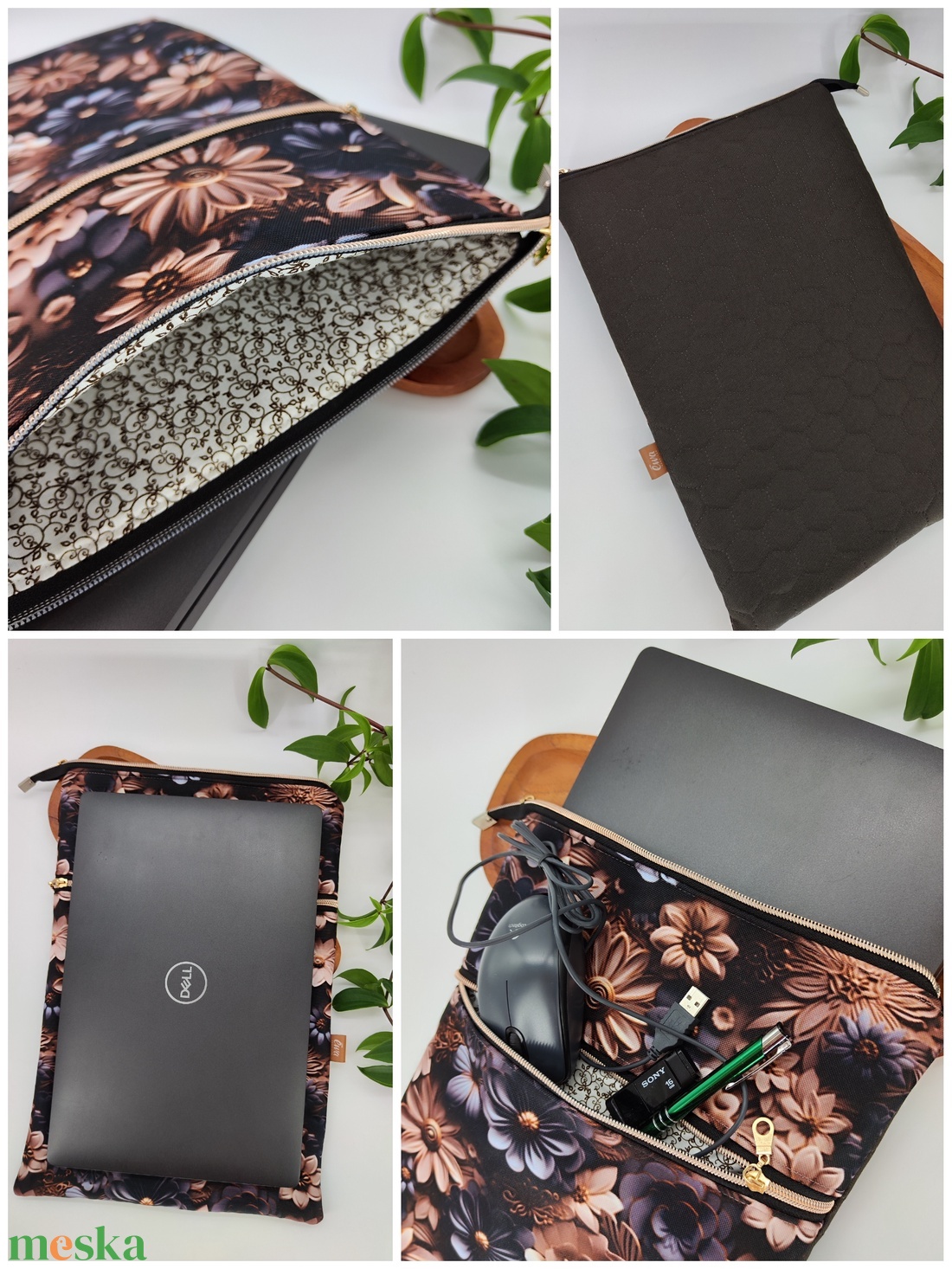 Cipzáros tároló - Laptoptartó, barna, szürke virágos - táska & tok - kézitáska & válltáska - belső rendező - Meska.hu