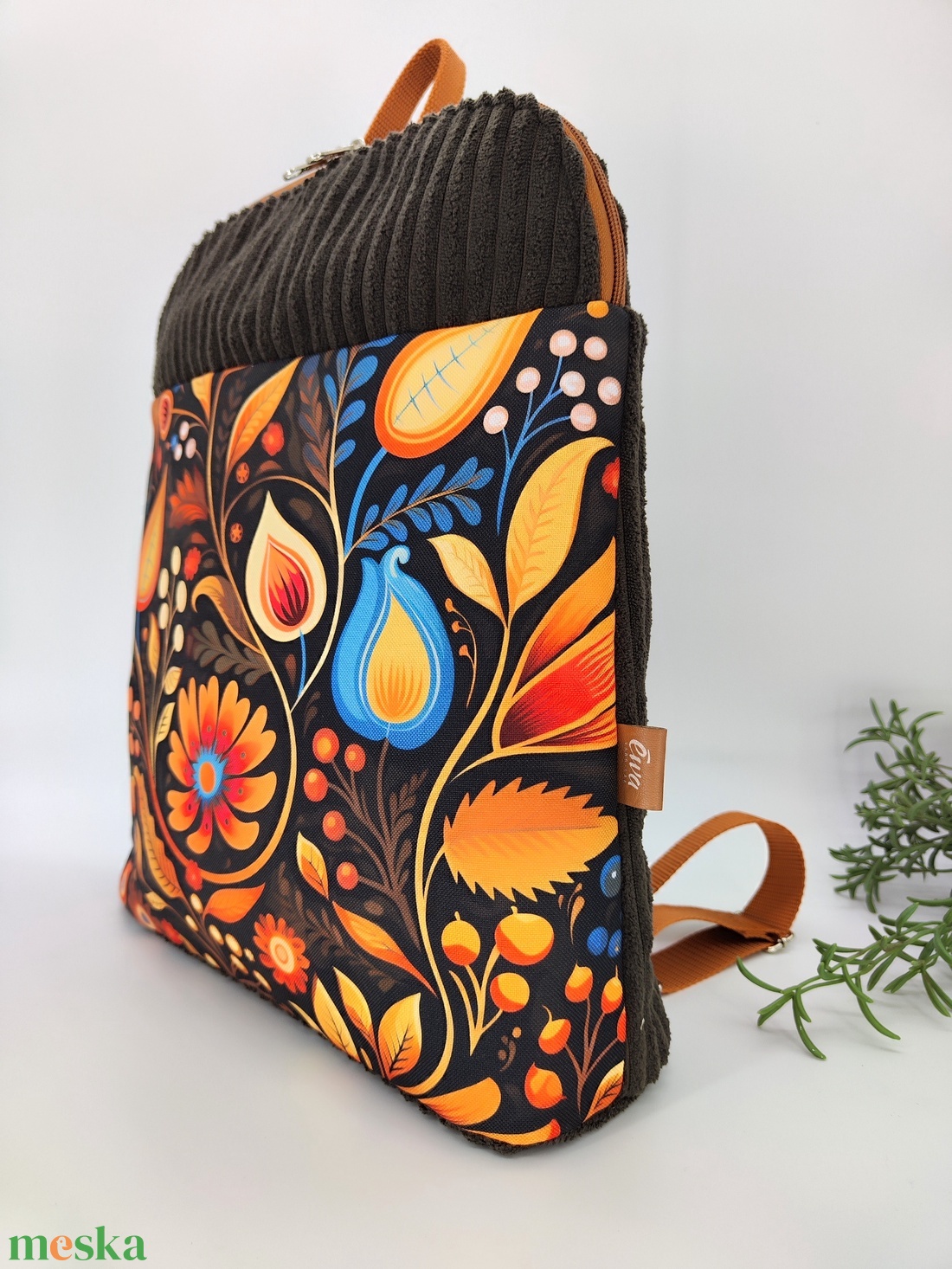 Luca - Útravaló hátizsák Barna-kék minta kord bútorvászon - táska & tok - hátizsák - hátizsák - Meska.hu