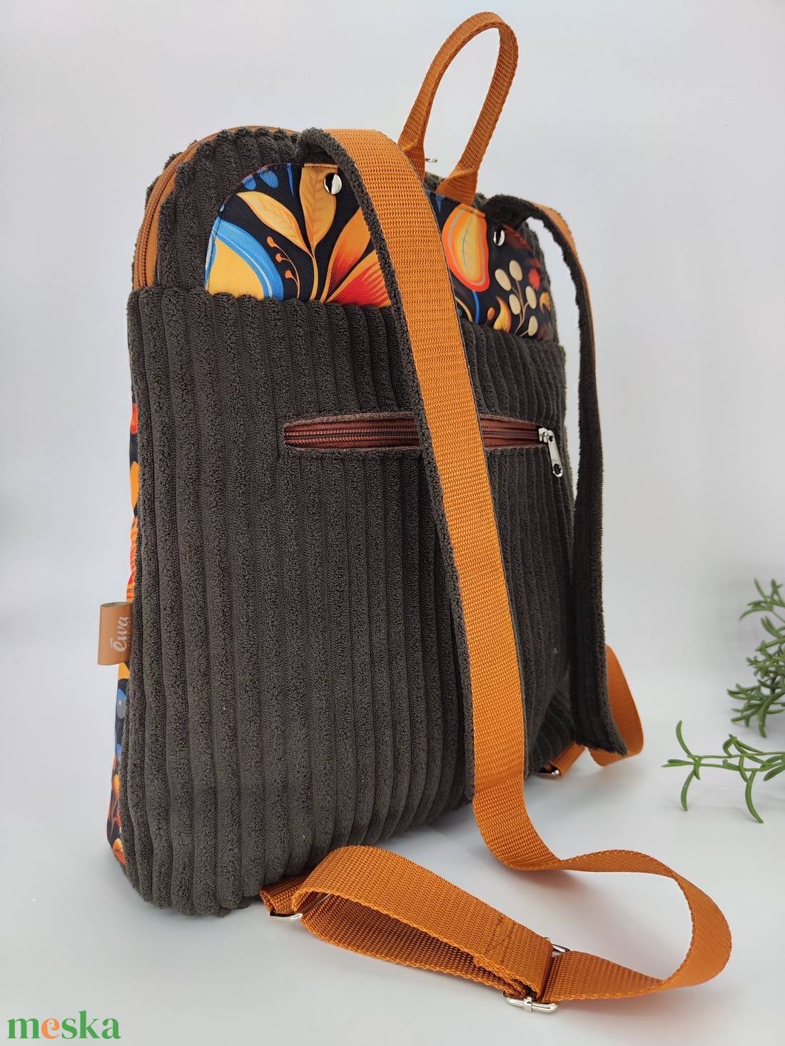 Luca - Útravaló hátizsák Barna-kék minta kord bútorvászon - táska & tok - hátizsák - hátizsák - Meska.hu