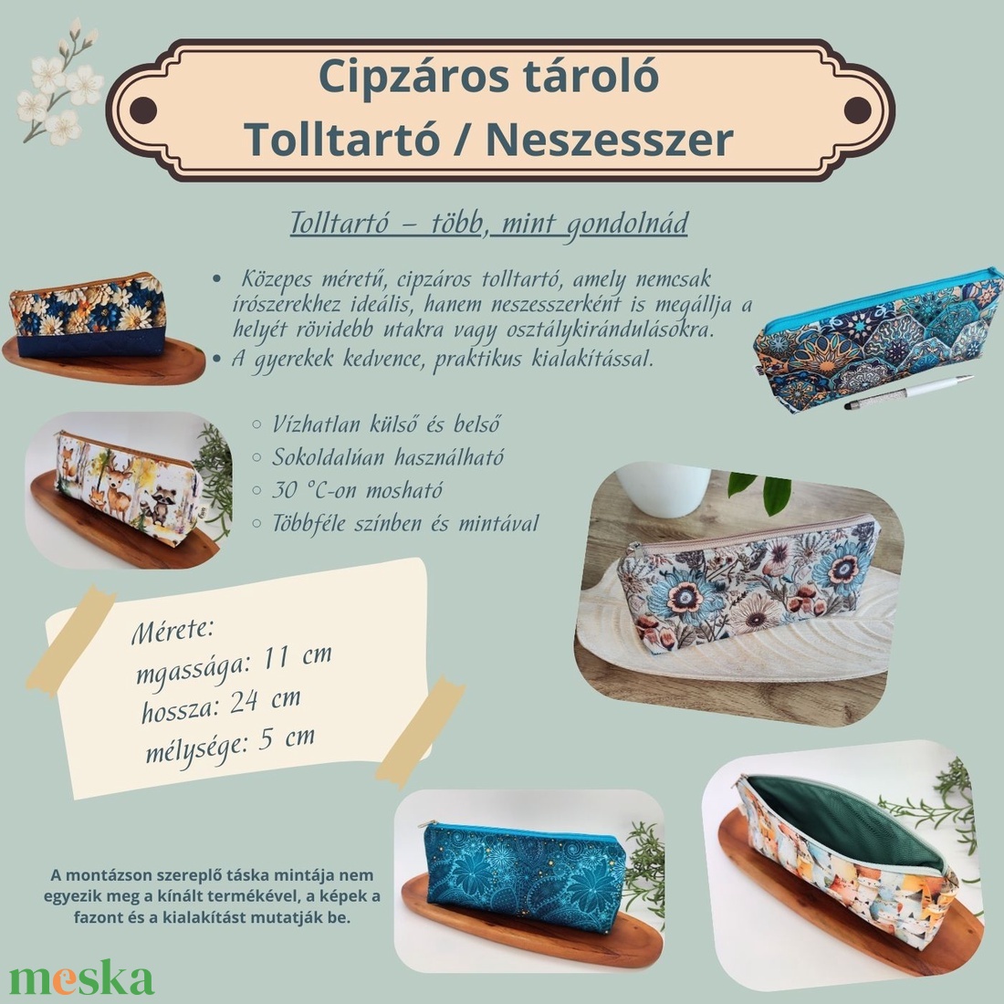 Tolltartó / neszeszer türkiz zöld virág minta - otthon & életmód - papír, írószer - tolltartó & ceruzatekercs - Meska.hu