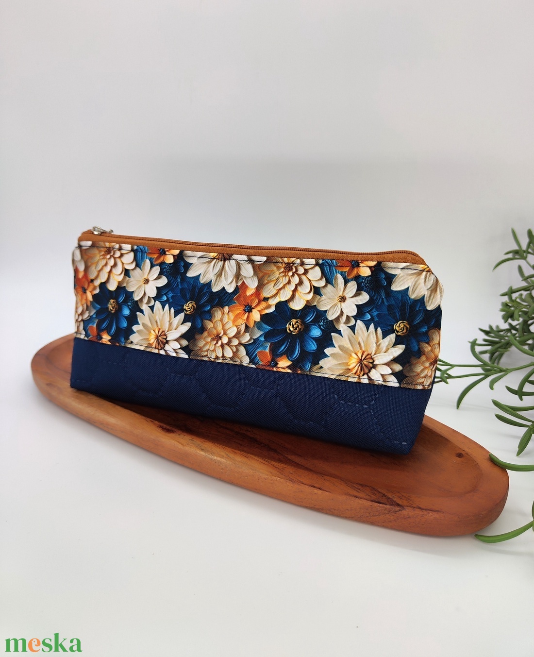 Tolltartó / neszeszer kék- arany-  narancsos virág 3D minta - otthon & életmód - papír, írószer - tolltartó & ceruzatekercs - Meska.hu