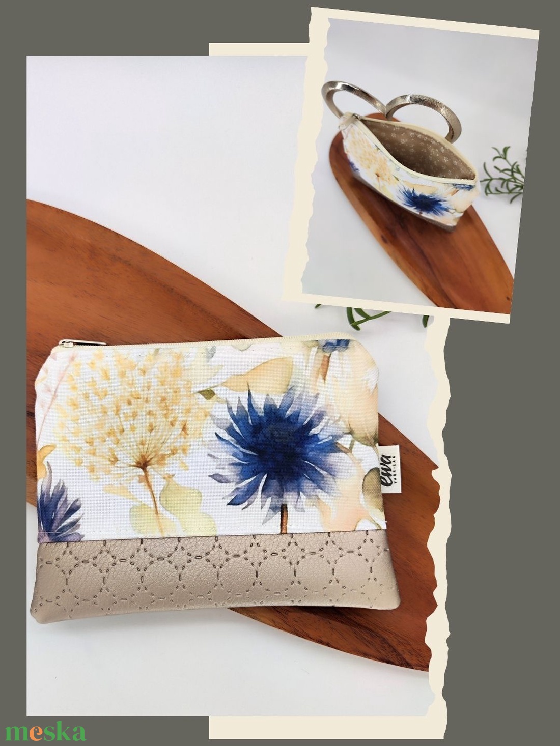 Mini cipzáros tároló - Virágos , fehér és kék alapon - táska & tok - neszesszer - Meska.hu