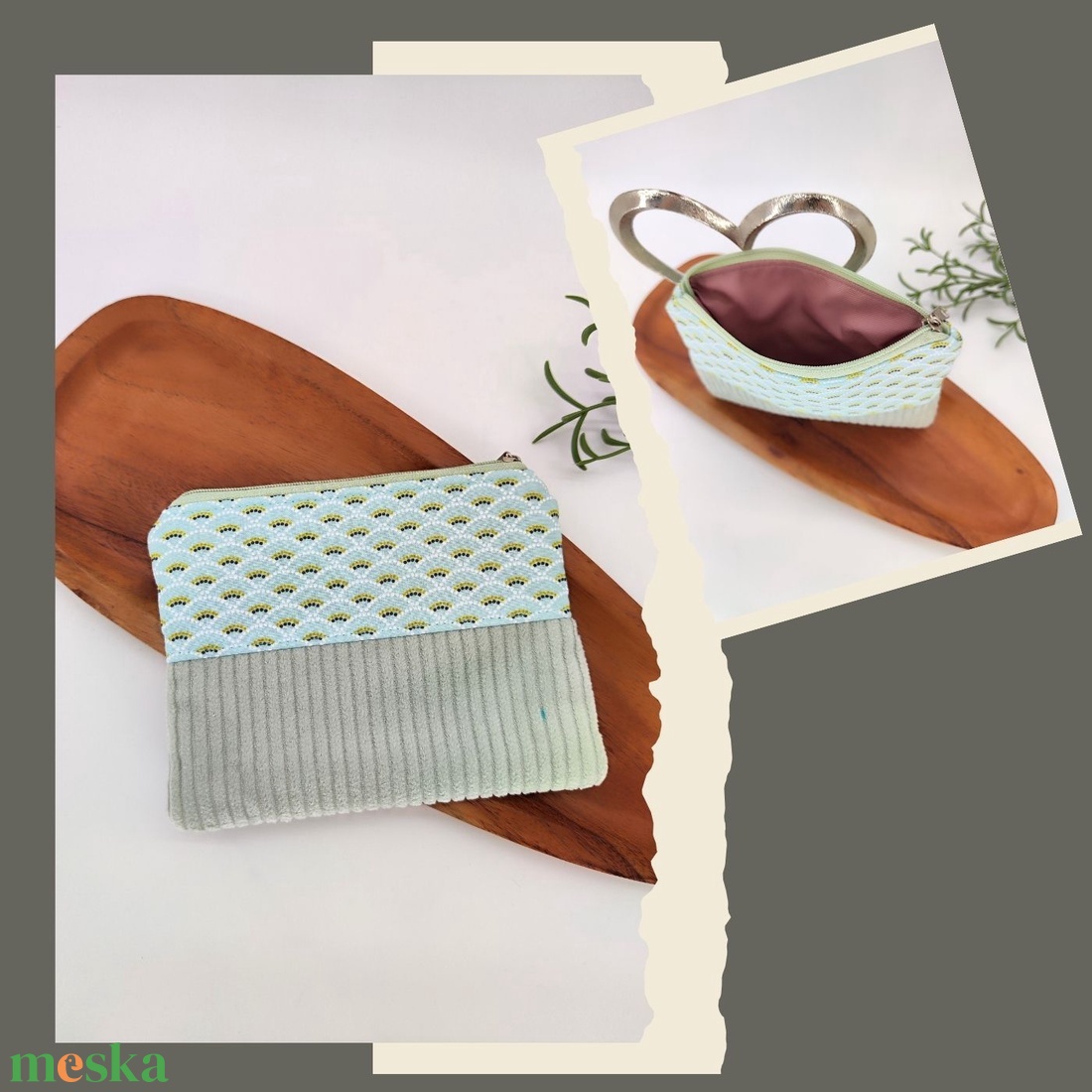 Mini cipzáros tároló - Rózsák, levelek és menta kord minta - táska & tok - neszesszer - Meska.hu