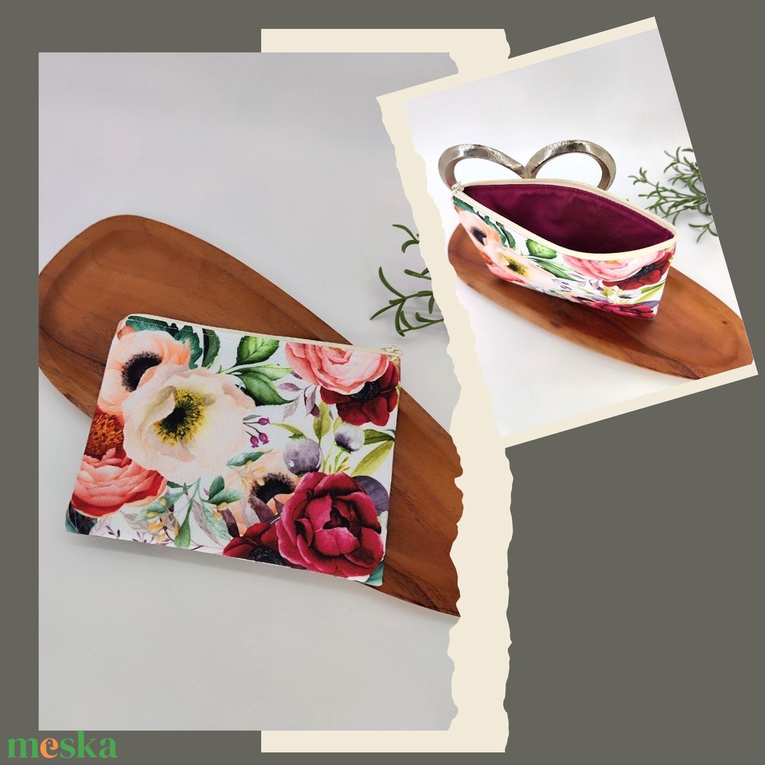 Mini cipzáros tároló - Rózsák, levelek és menta kord minta - táska & tok - neszesszer - Meska.hu