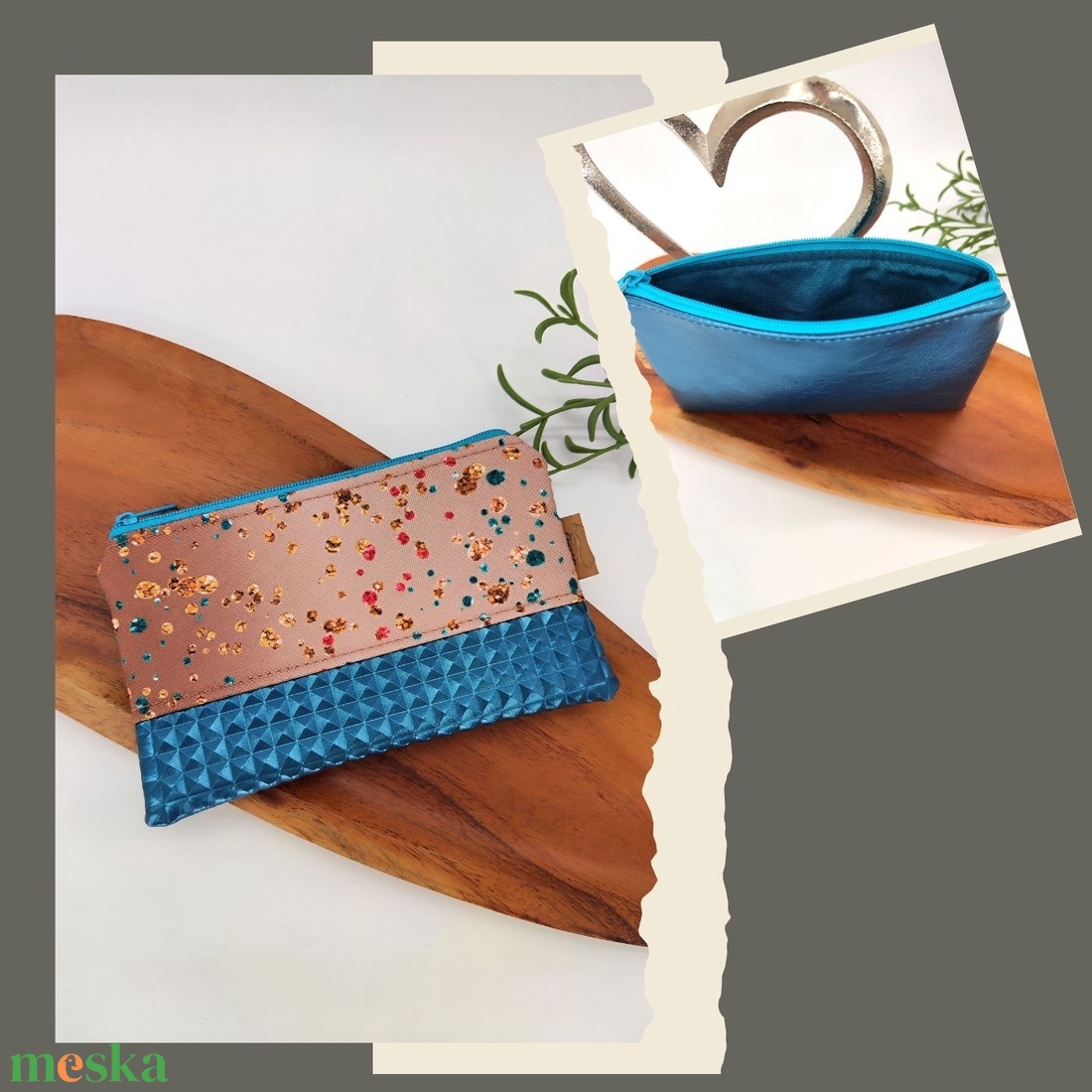 Mini cipzáros tároló - petrolkék gyöngyös, barna mozaik, bronz buborék minta - táska & tok - neszesszer - Meska.hu