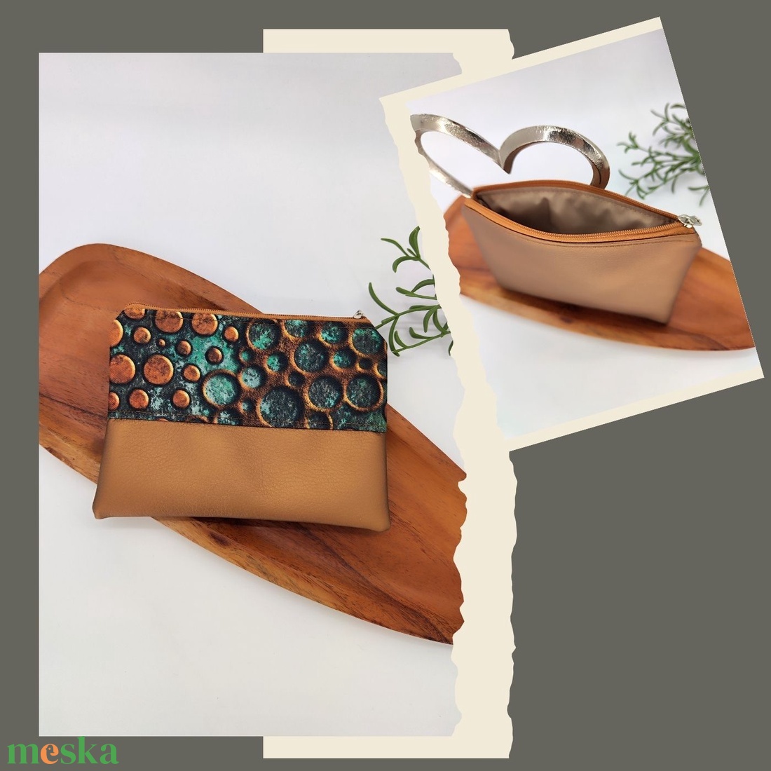 Mini cipzáros tároló - petrolkék gyöngyös, barna mozaik, bronz buborék minta - táska & tok - neszesszer - Meska.hu