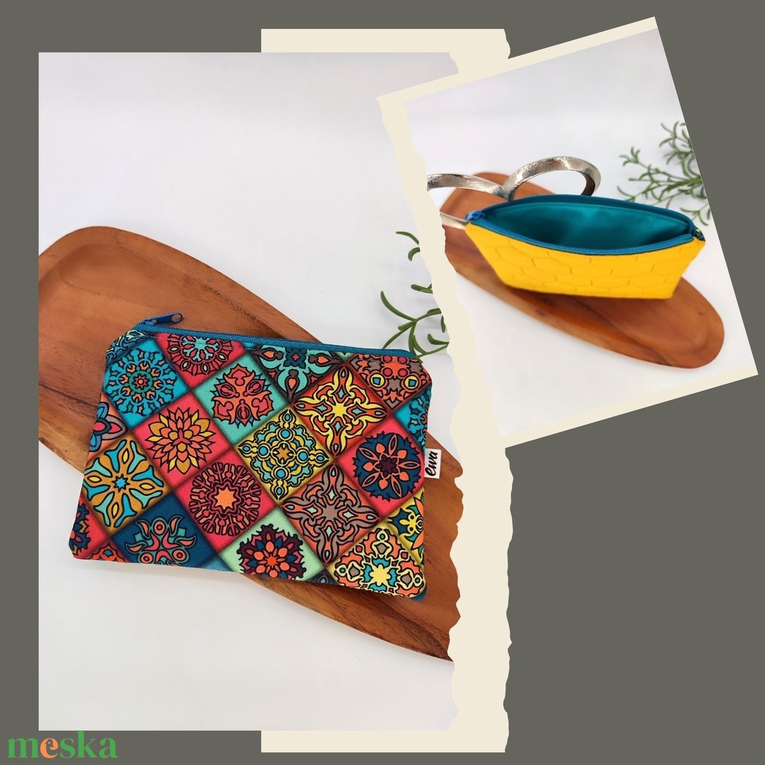 Mini cipzáros tároló -Mustár kislány, színes mozaik, népi virágospiros cipzár - táska & tok - neszesszer - Meska.hu