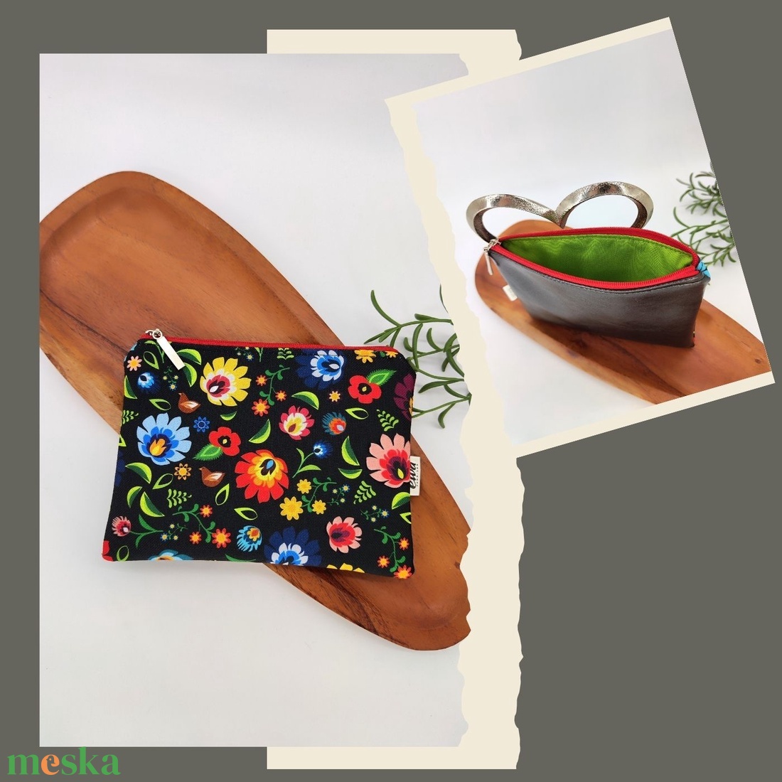 Mini cipzáros tároló -Mustár kislány, színes mozaik, népi virágospiros cipzár - táska & tok - neszesszer - Meska.hu
