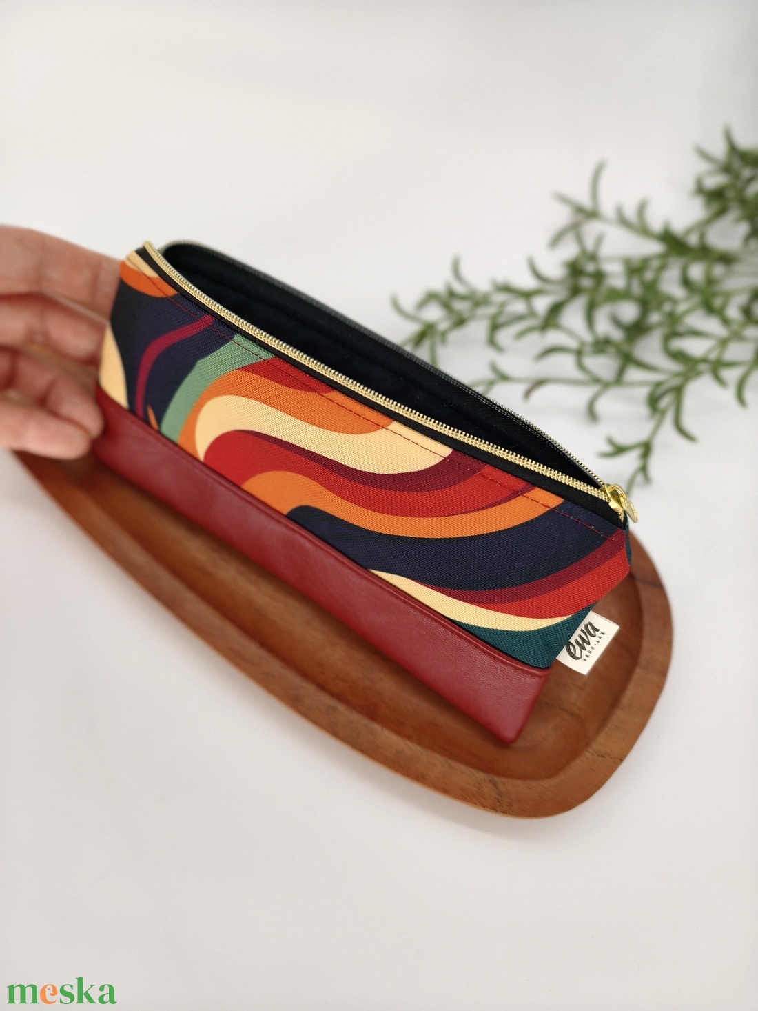 Mini cipzáros tároló - Retro hullámok, bordó textilbőr - táska & tok - neszesszer - Meska.hu